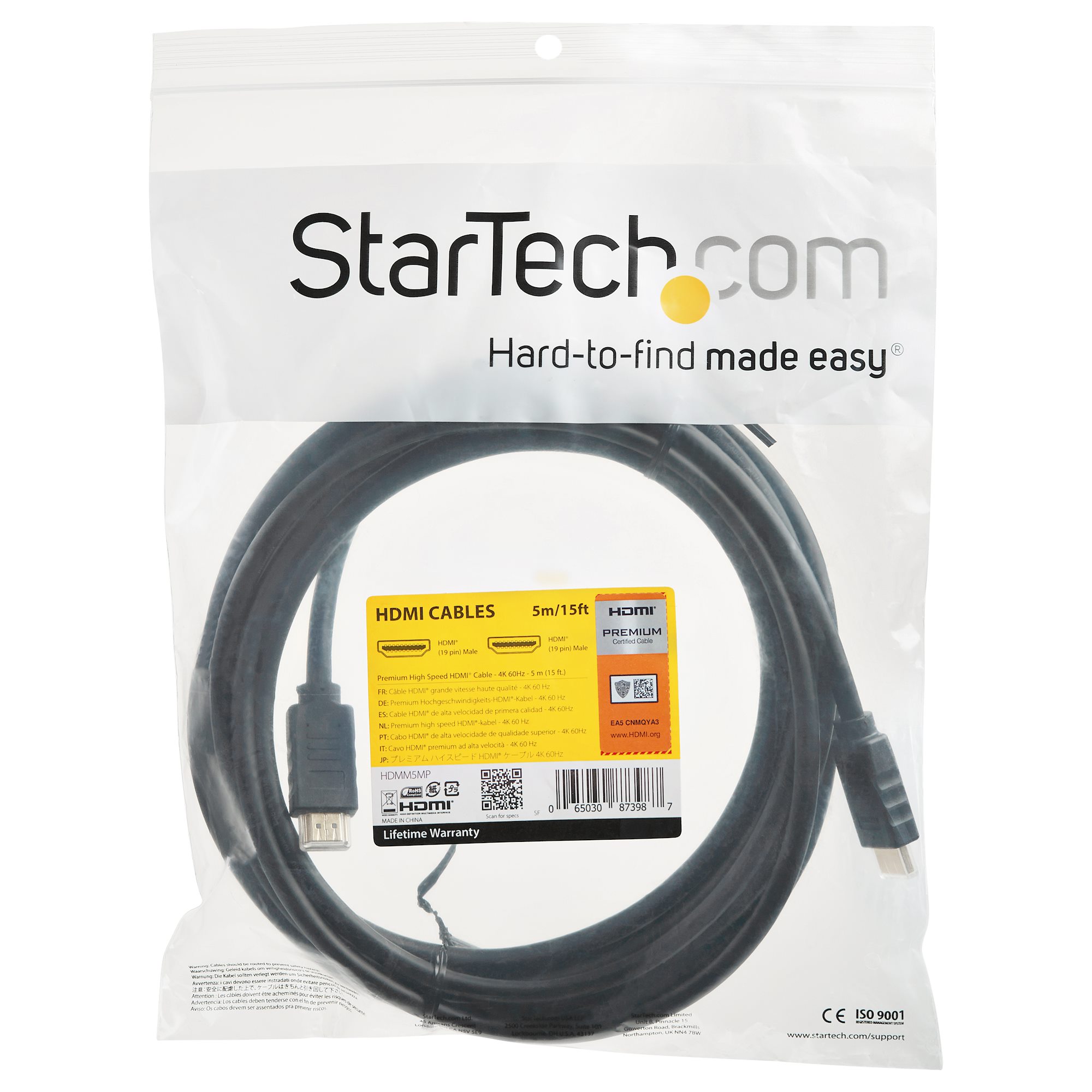 STARTECHCOM Premium High Speed HDMI Cable with Ethernet 4K 60Hz 5m 15 ft