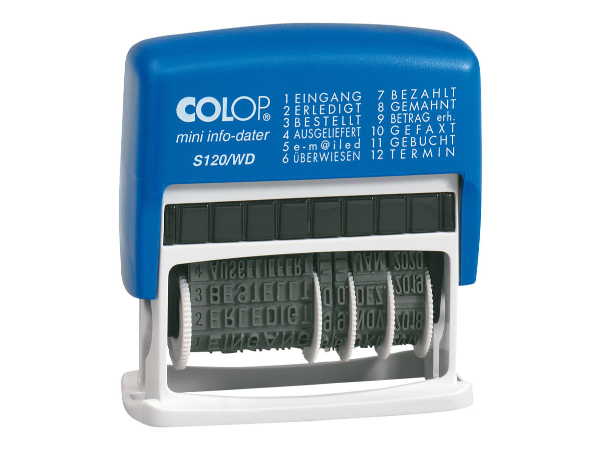COLOP Datumstempel mit Text Mini-Info-Dater S120/WD selbstfaerbend blau rot ohne Logo, 1 St.