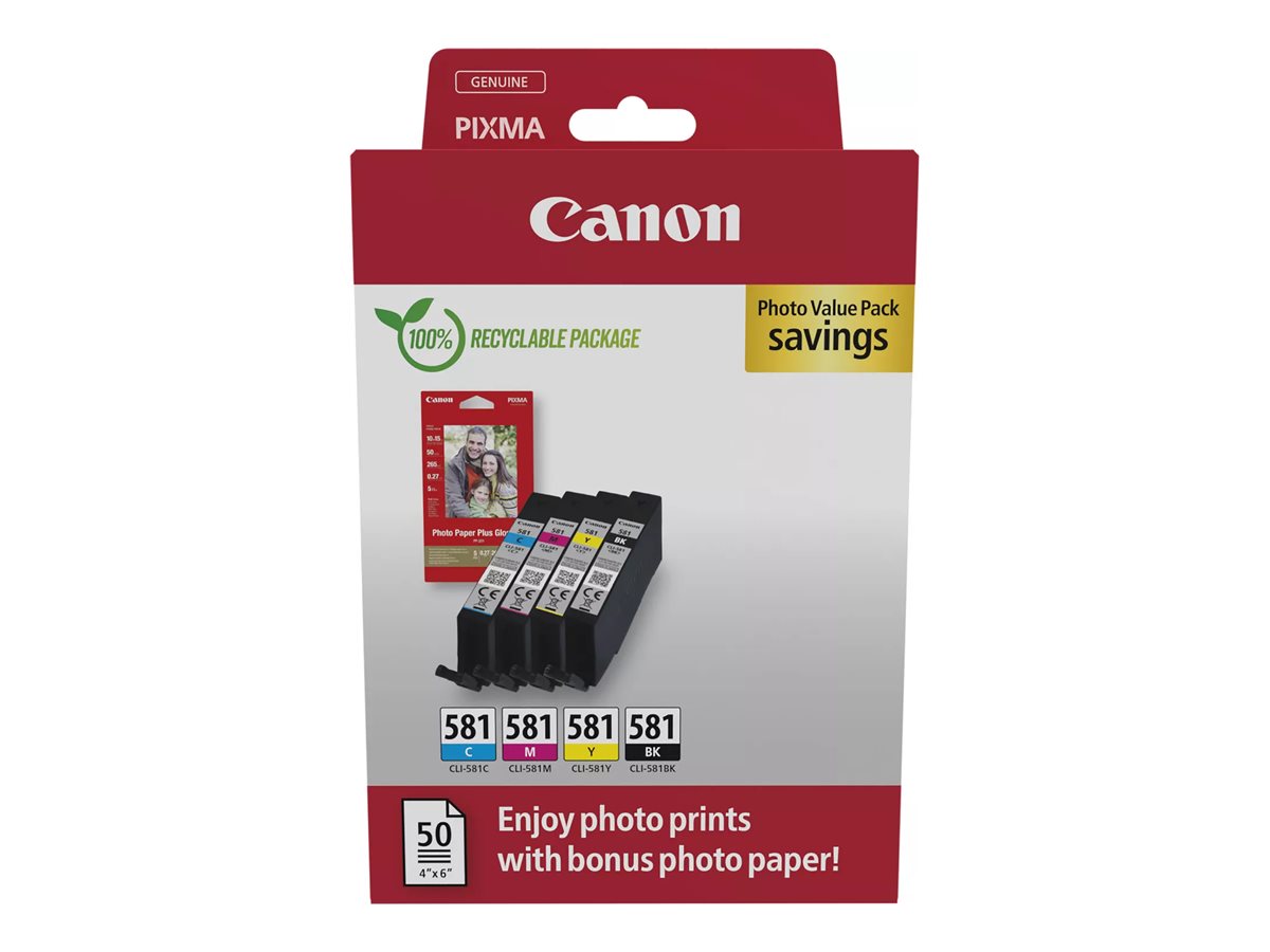 Canon CLI-581 BK/C/M/Y schwarz, cyan, magenta, gelb Druckerpatronen + Fotopapier, 4er-Set Canon CLI-581 BK/C/M/Y schwarz, cyan, magenta, gelb Druckerpatronen + Fotopapier, 4er-Set