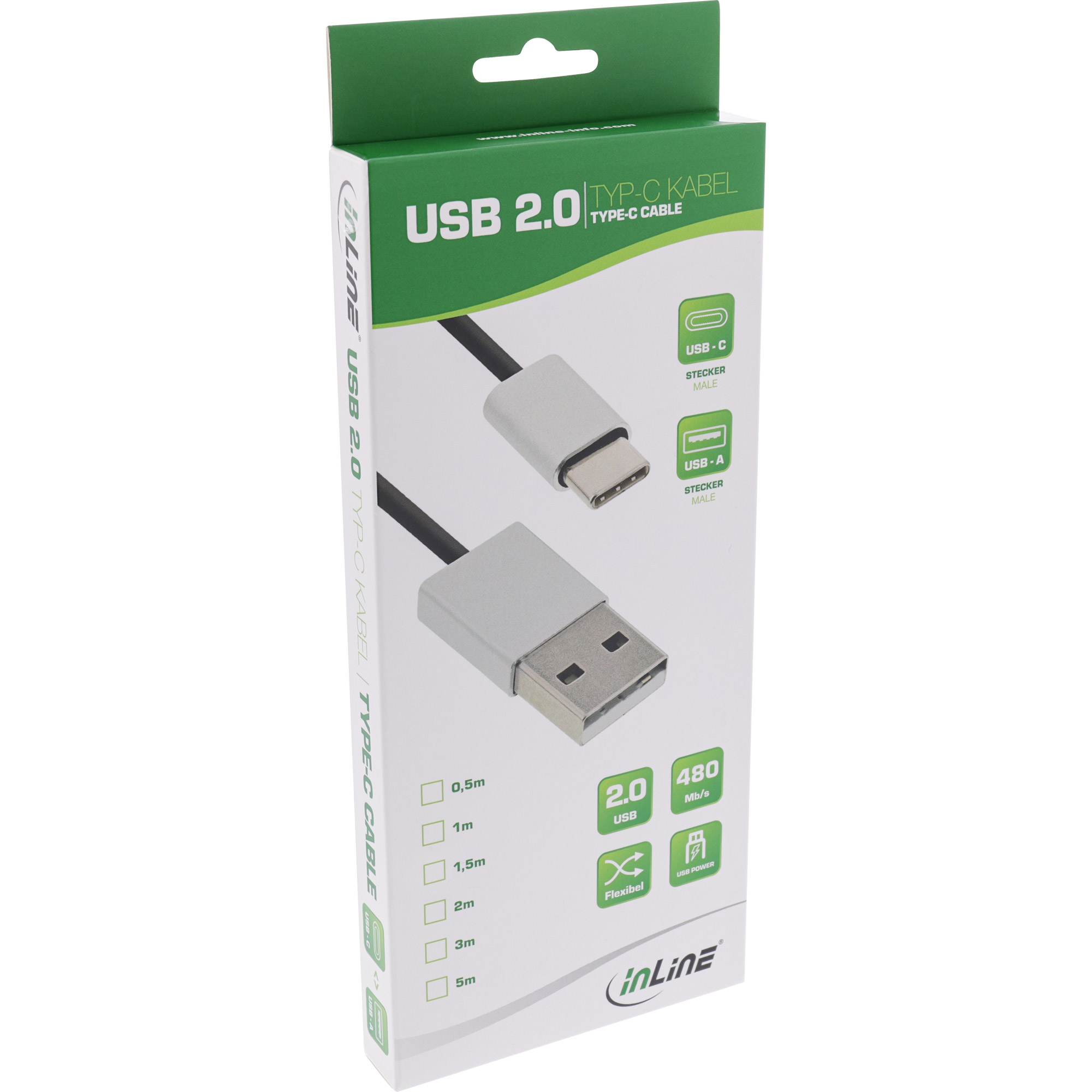 INLINE USB 2.0 Kabel Typ C Stecker an A Stecker schwarz,Alu flexibel 1m