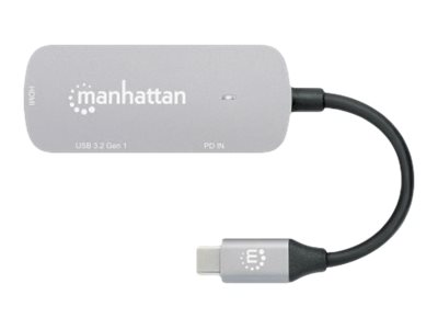 MANHATTAN USB-C 3-in-1 Konverter mit Power Delivery USB 3.2 Typ-C-Stecker auf HDMI 4K30Hz USB-A 5Gbit/s und USB-C PD 100W Alu Grau