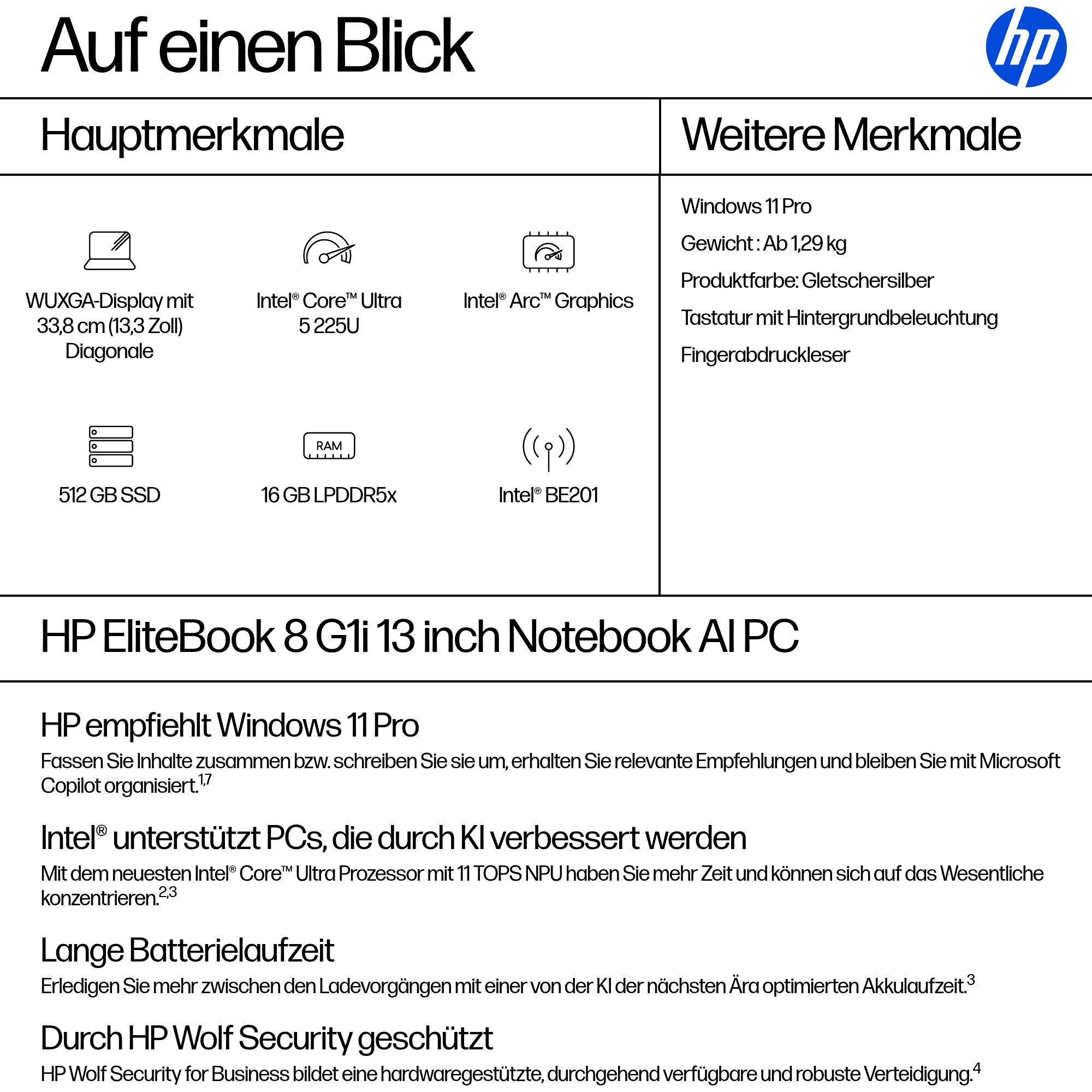 HP EliteBook 8 G1i Intel Core Ultra 5 225U 33,7cm 13,3Zoll WUXGA 16GB 512GBSSD W11P SmartBuy 3J Gar DE