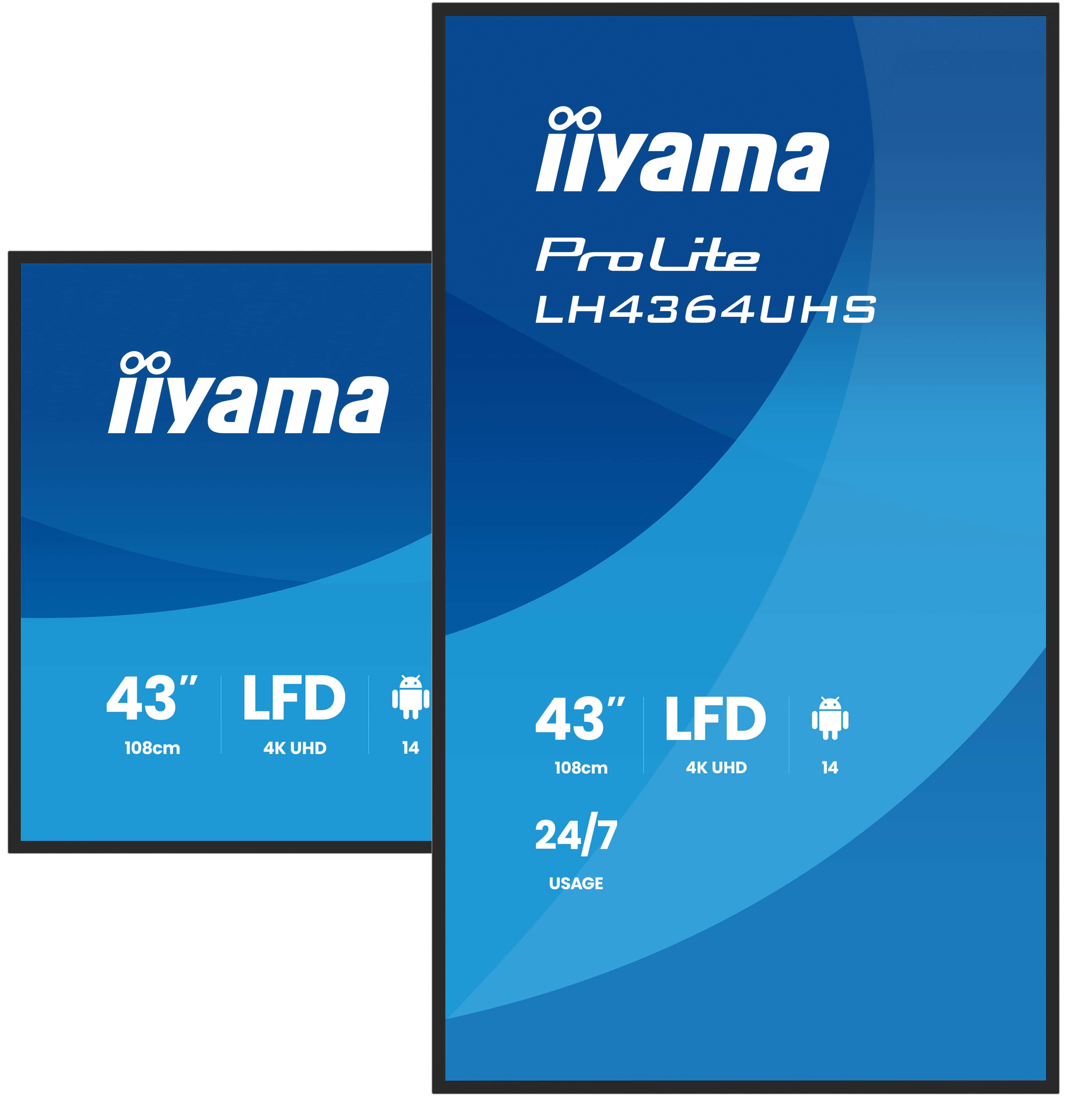 IIYAMA LH4364UHSB1AG 109,22cm 43Zoll 3840x2160 UHD VA DLED 500cdm2 Landscape and Portrait Speakers 2x 10W 2x HDMIx 1x USBC