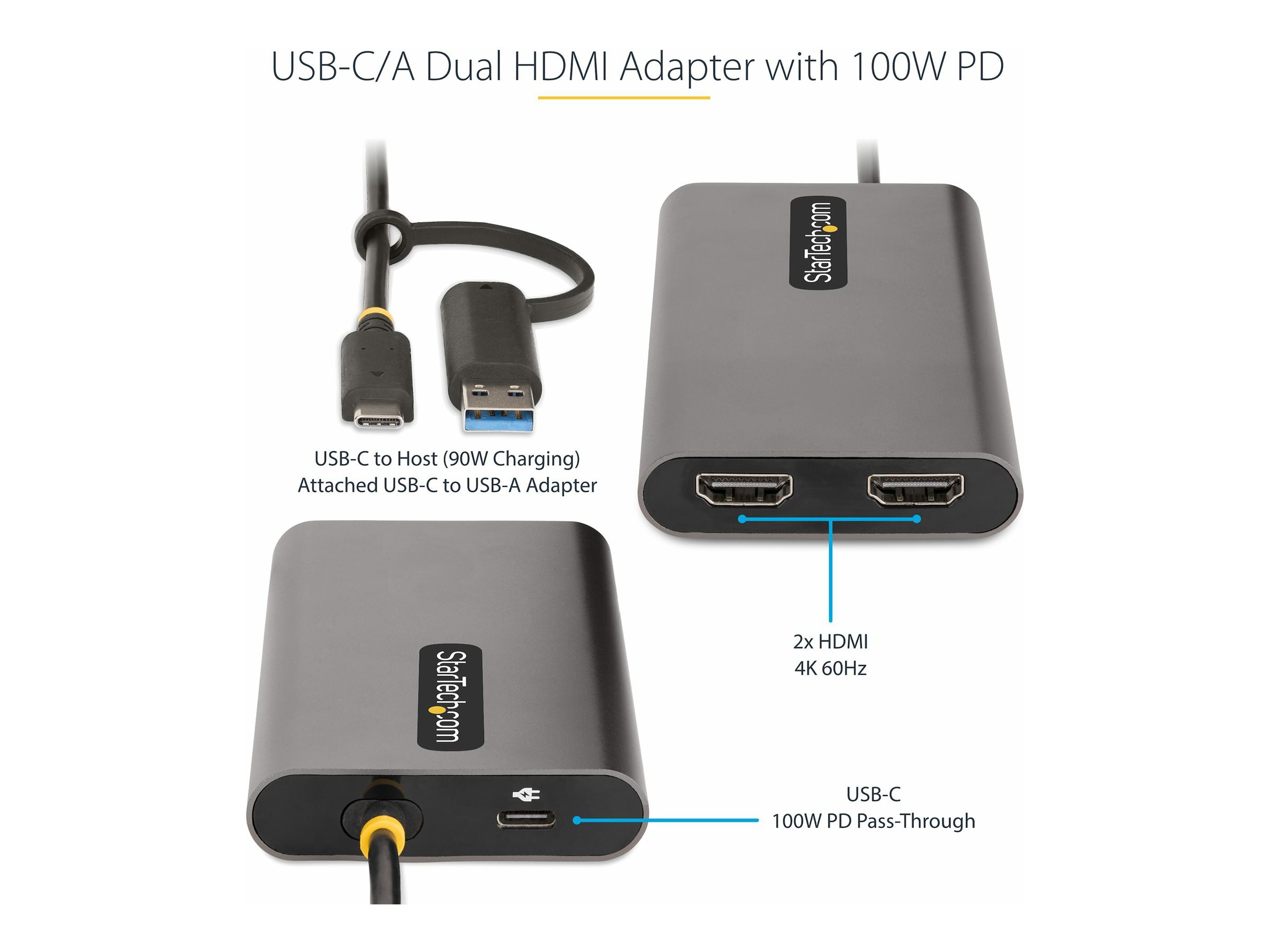StarTech USBC to DualHDMI Adapter, USBC or A to 2x HDMI, 4K 60Hz, 100W PD PassThrough, 1ft 30cm