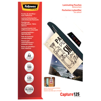 100 Fellowes Capture125 Laminierfolien glaenzend fuer A4 125 micron selbstklebender Ruecken 100 Fellowes Capture125 Laminierfolien glaenzend fuer A4 125 micron selbstklebender Ruecken