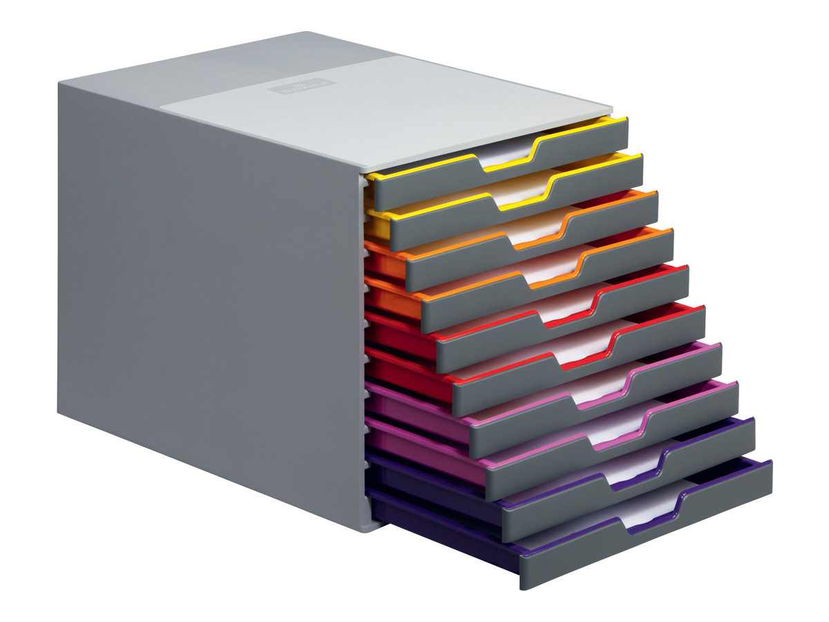 DURABLE Schubladenbox VARICOLOR®  dunkelgrau mit bunten Farblinien 761027, DIN C4 mit 10 Schubladen