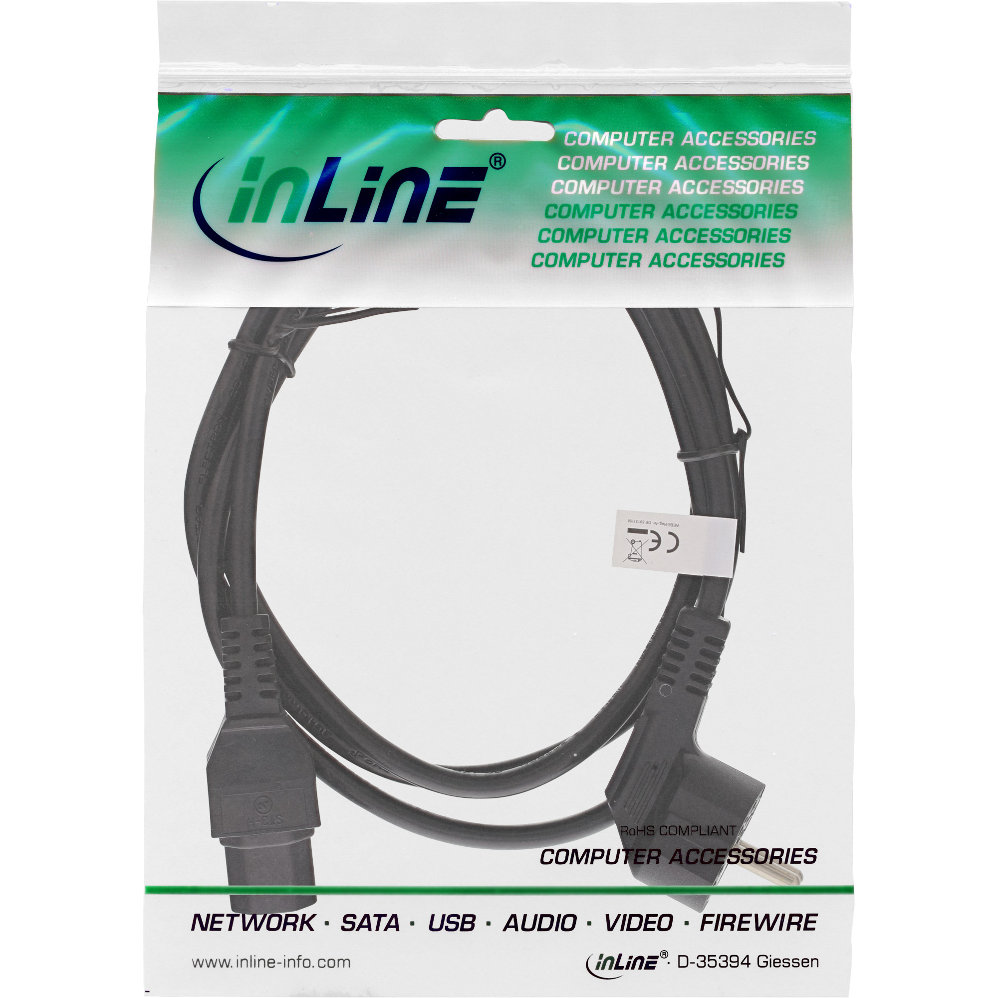 INLINE Netzkabel Schukostecker gewinkelt auf Warmgeraetestecker C15 schwarz 2m INLINE Netzkabel Schukostecker gewinkelt auf Warmgeraetestecker C15 schwarz 2m