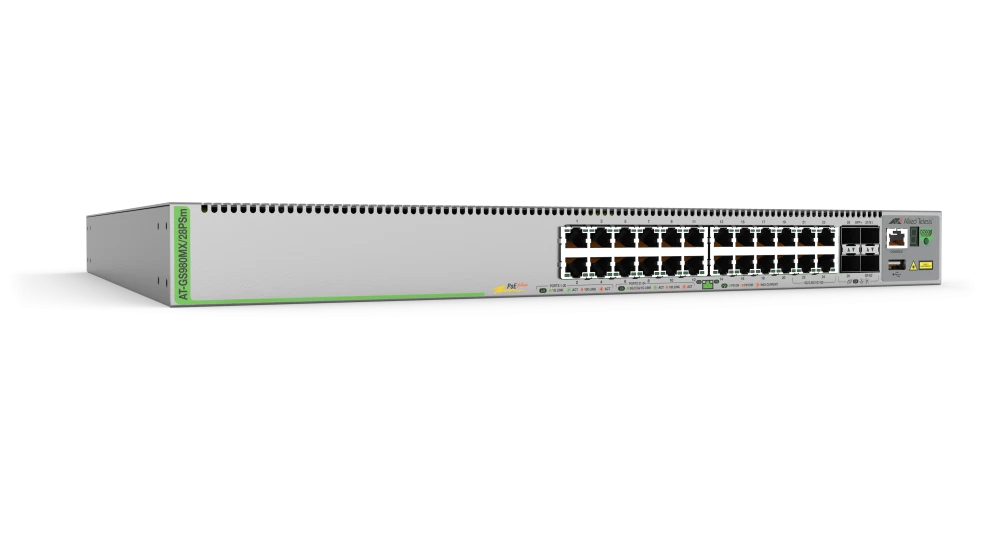 ALLIED L3 Stackable Switch 20x 101001000T PoE 4x 100M1G25G5GT PoE 4x SFP Ports single fixed PSU EU Power Cord