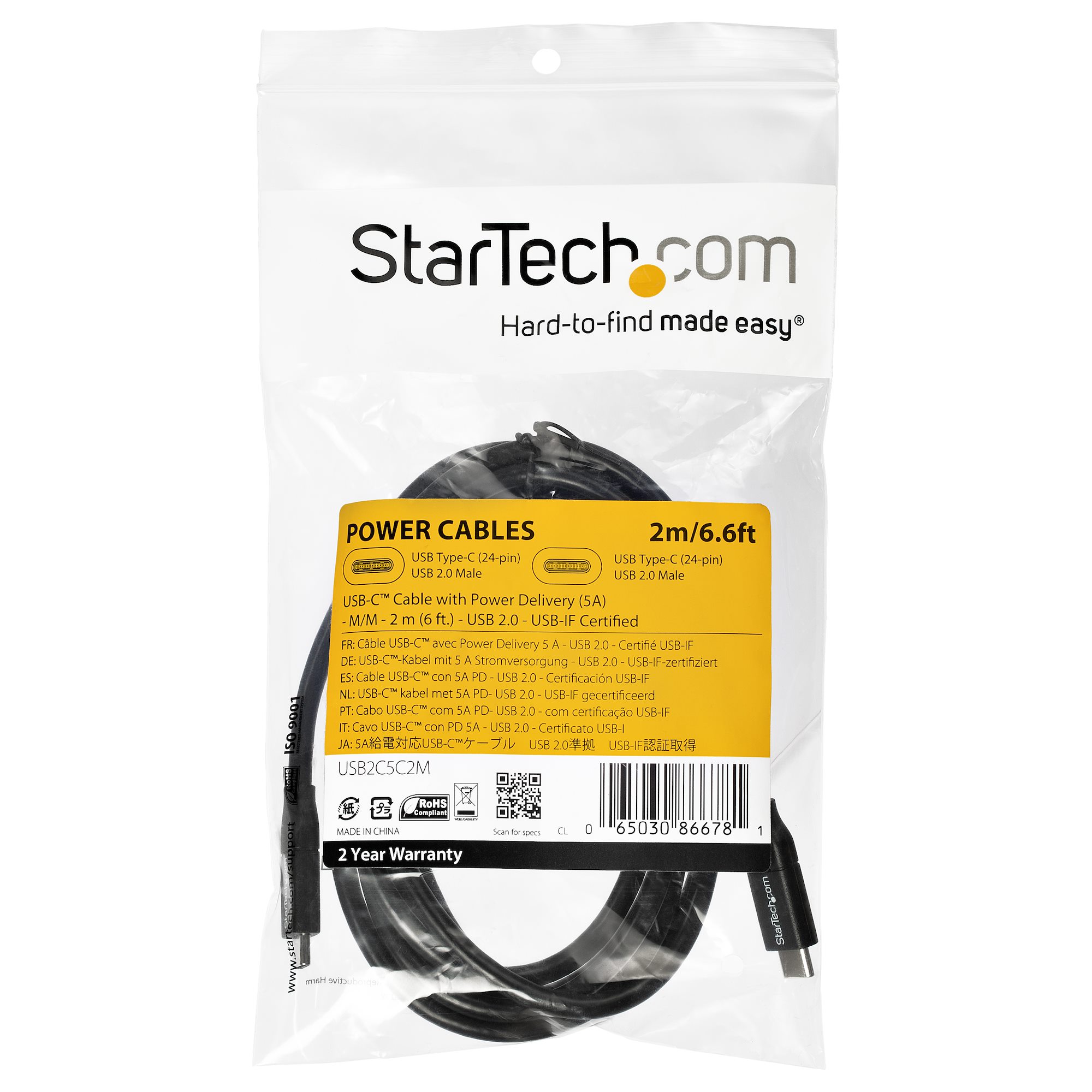 STARTECHCOM USBC to USBC Cable w 5A PD MM 2 m 6 ft USB 20 USBIF Certified