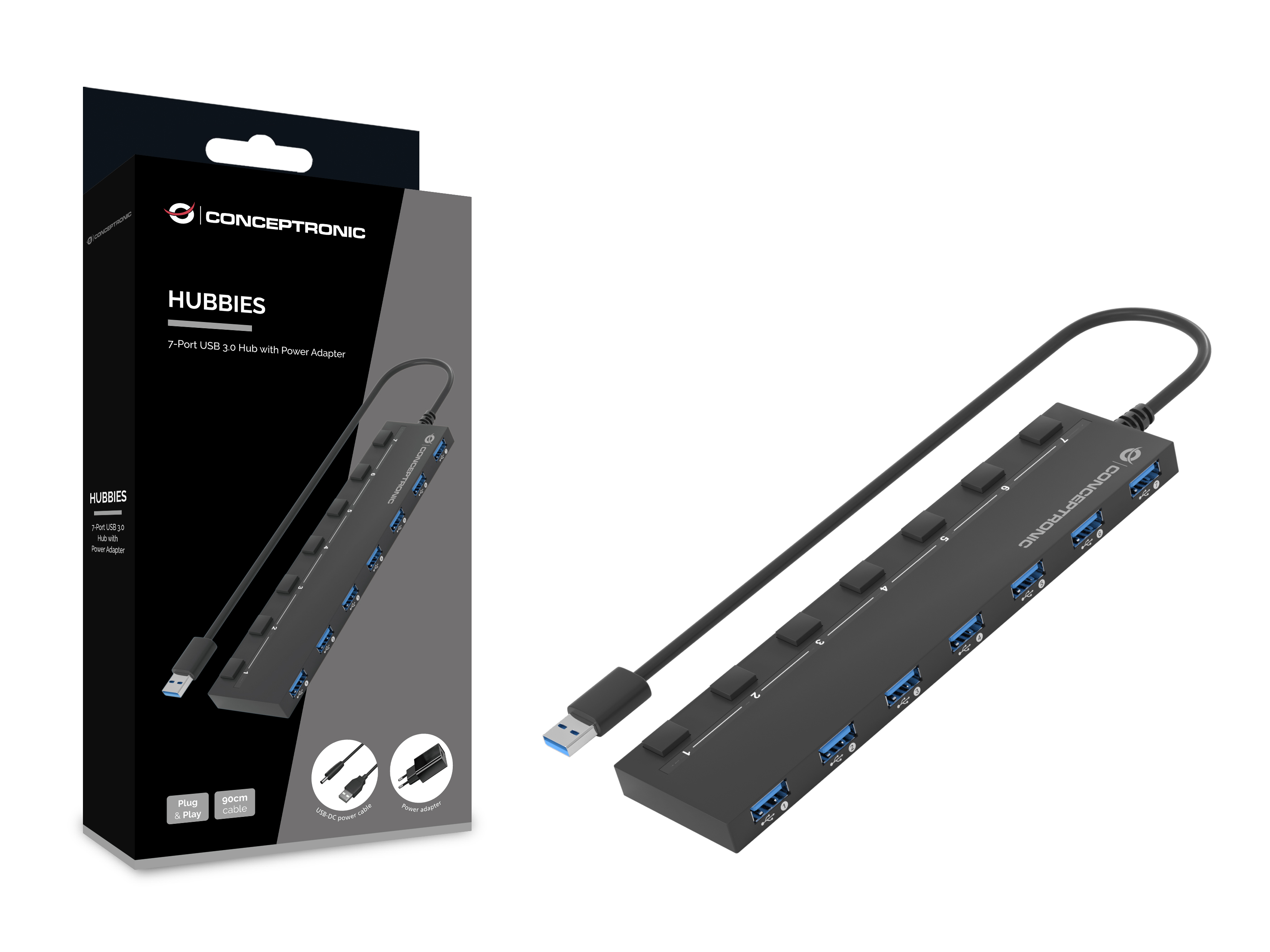 CONCEPTRONIC 7Port Hub USBA307xA32Gen1DC mNetz sw