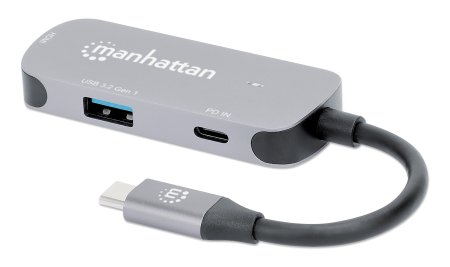 MANHATTAN USBC 3in1 Konverter mit Power Delivery USB 32 TypCStecker auf HDMI 4K30Hz USBA 5Gbits und USBC PD 100W Alu Grau