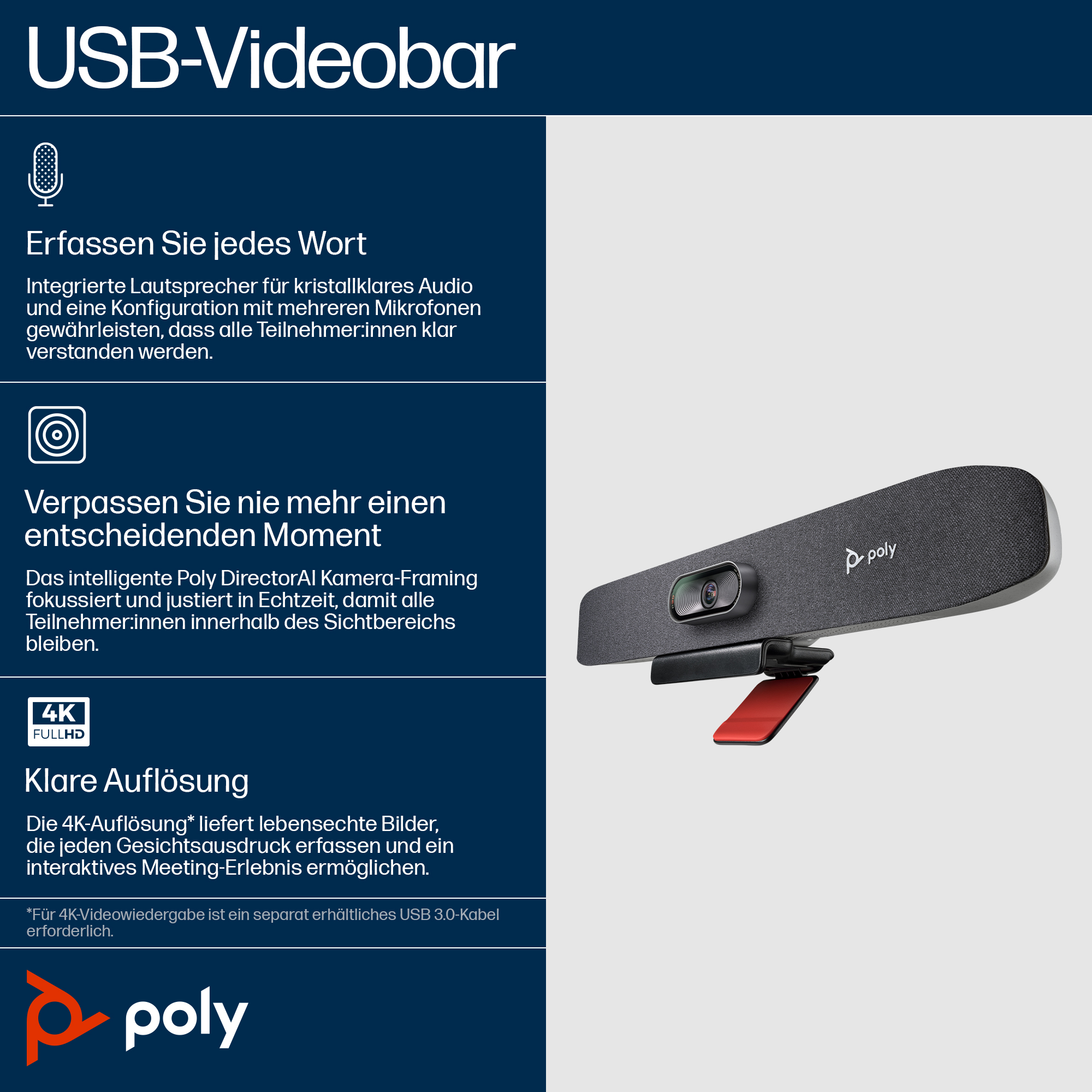 HP Poly Studio R30 USB Video Bar USBC BT 4K Teams Zoom Certified EURO SmartBuy
