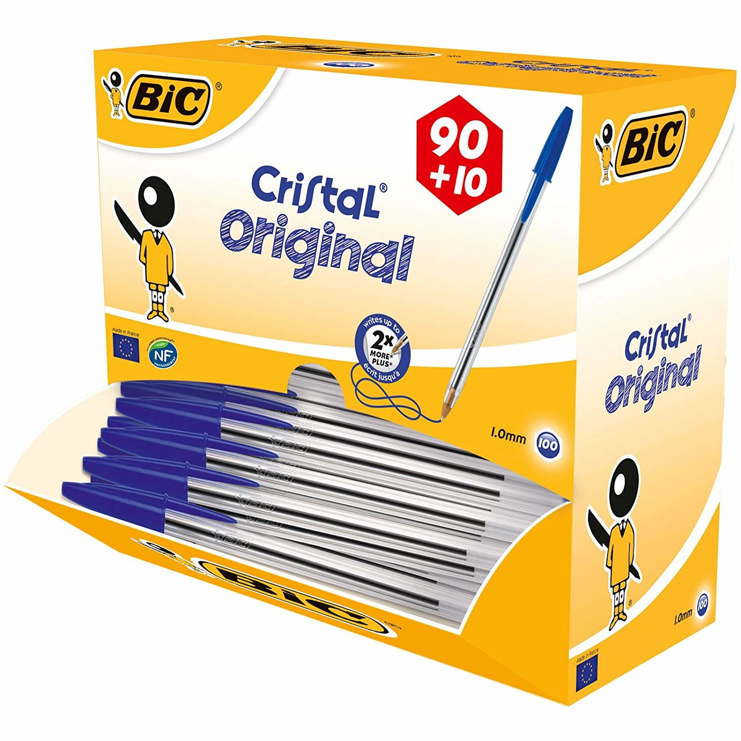 90 + 10 GRATIS: BIC Kugelschreiber CristalÂ® Original transparent, Schreibfarbe: blau, 90 St. + GRATIS 10 St.
