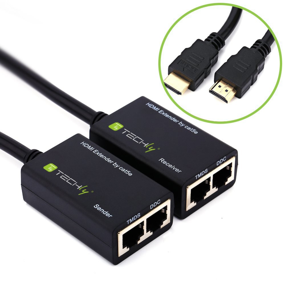 TECHLY HDMI Extender mit eingebautem Kabel 30m Lieferumfang HDMI Sender und HDMI Empfaenger