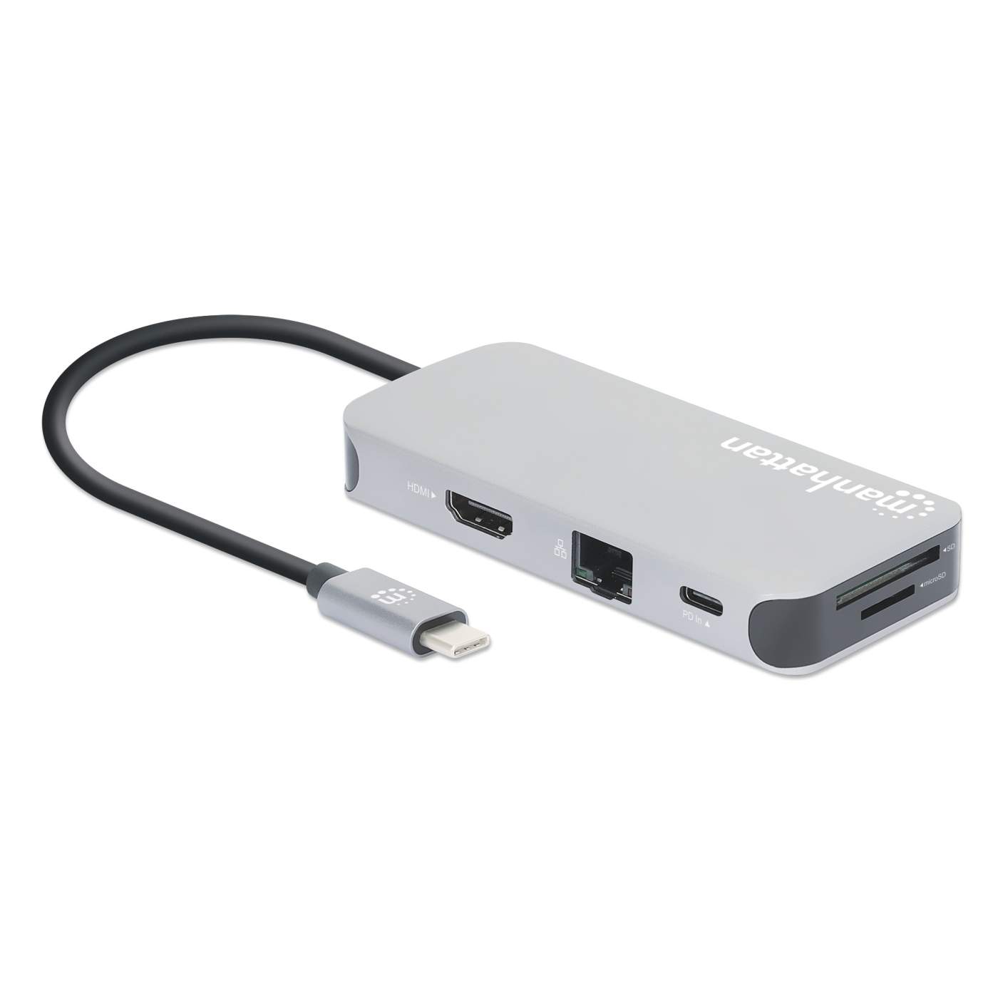 MANHATTAN USBC 8in1Dockingstation mit Power Delivery 100 W Typ CStecker auf HDMI 4K30Hz 3x USBA 5 Gbits RJ45 Kartenleser Alu