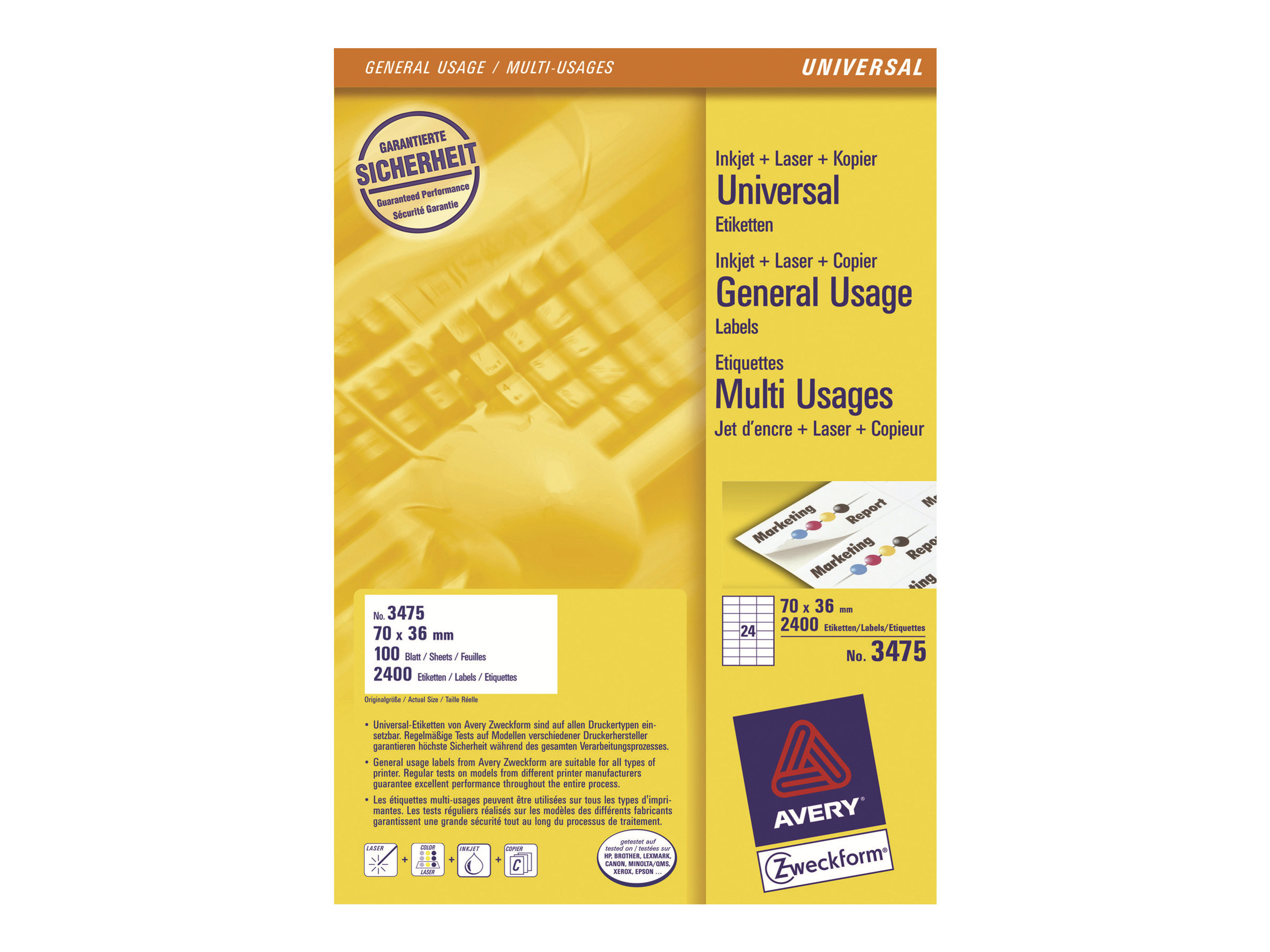2.400 AVERY Zweckform Etiketten 3475 weiss 70,0 x 36,0 mm 2.400 AVERY Zweckform Etiketten 3475 weiss 70,0 x 36,0 mm