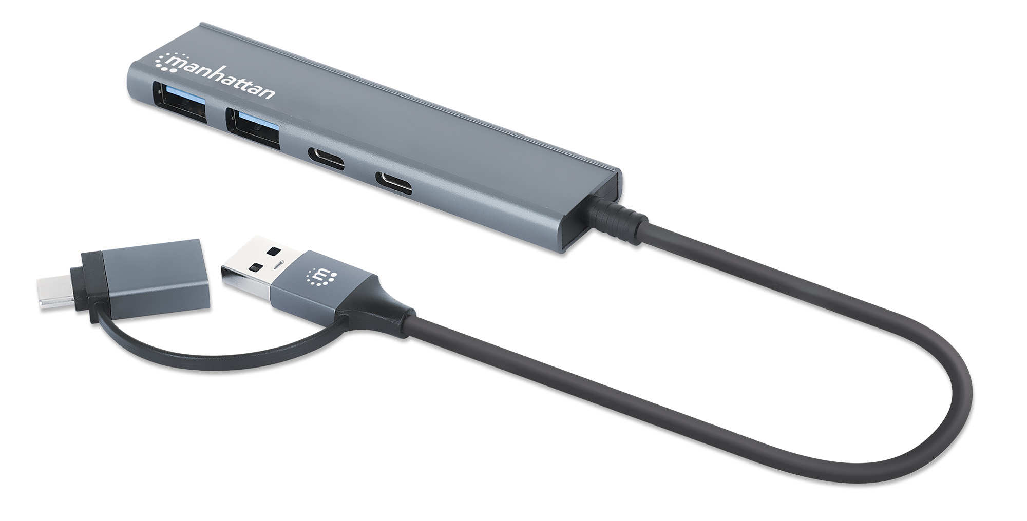 MANHATTAN 4Port USB 30 TypC TypA KomboHub USBCund USBAStecker auf zwei USBCPorts und zwei USBAPorts Strom ueber USB