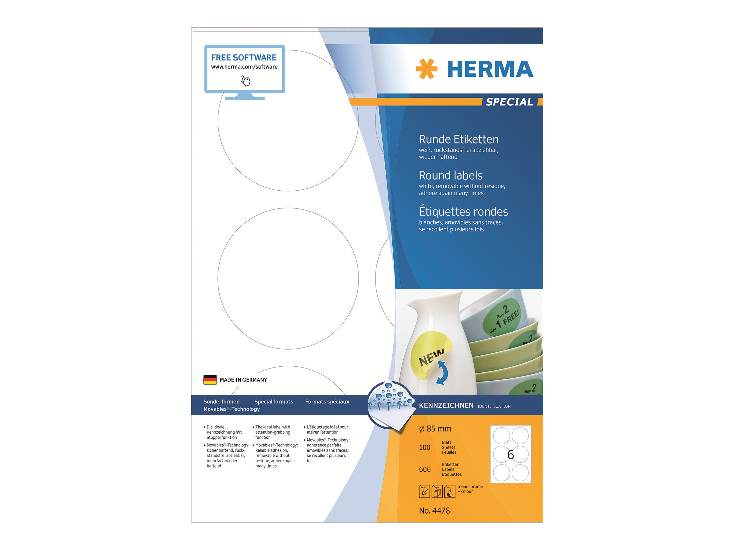 600 HERMA Etiketten 4478 weiÃ 85,0 x 85,0 mm