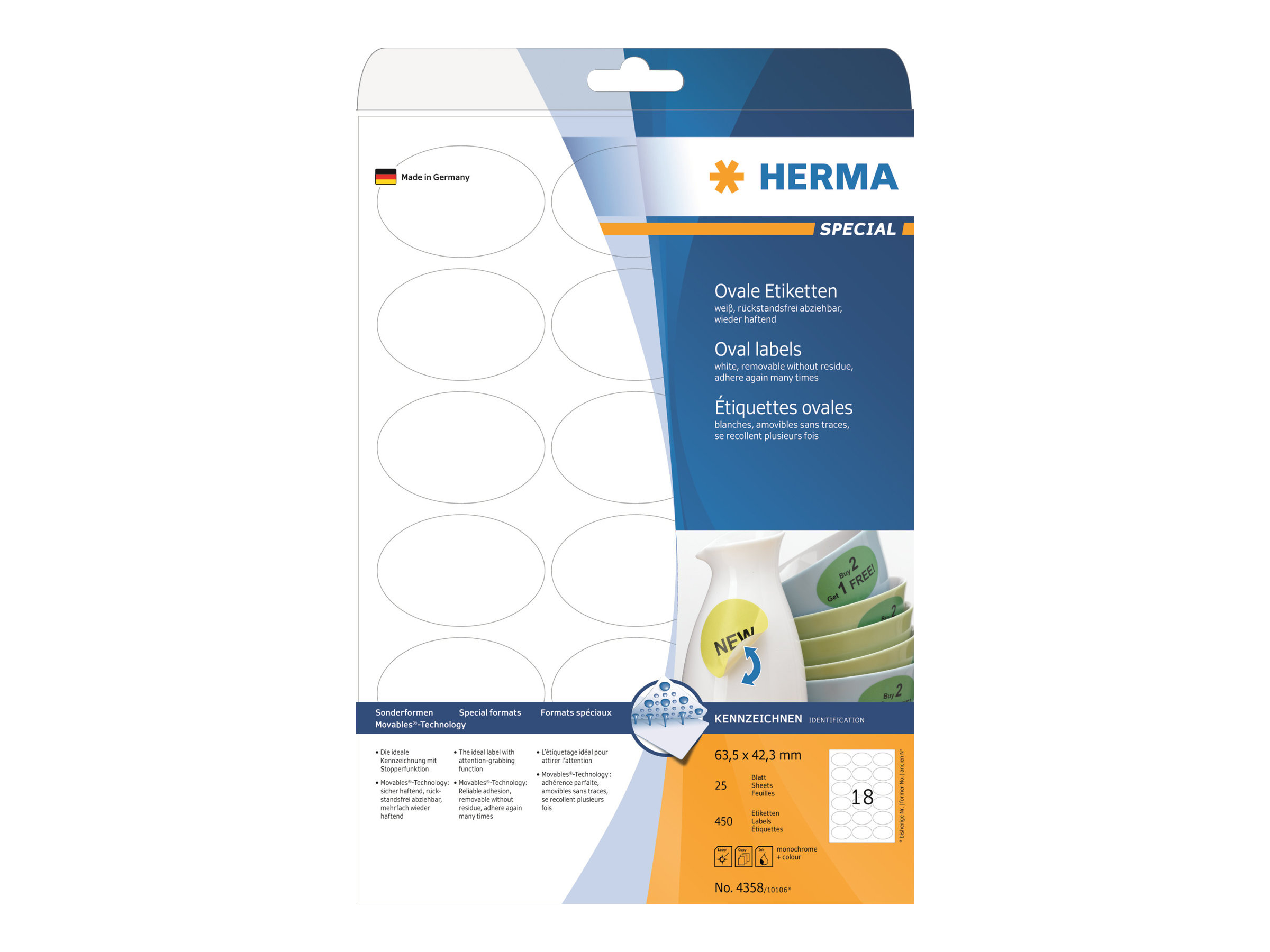 450 HERMA Etiketten 4358 weiss 63,5 x 42,3 mm