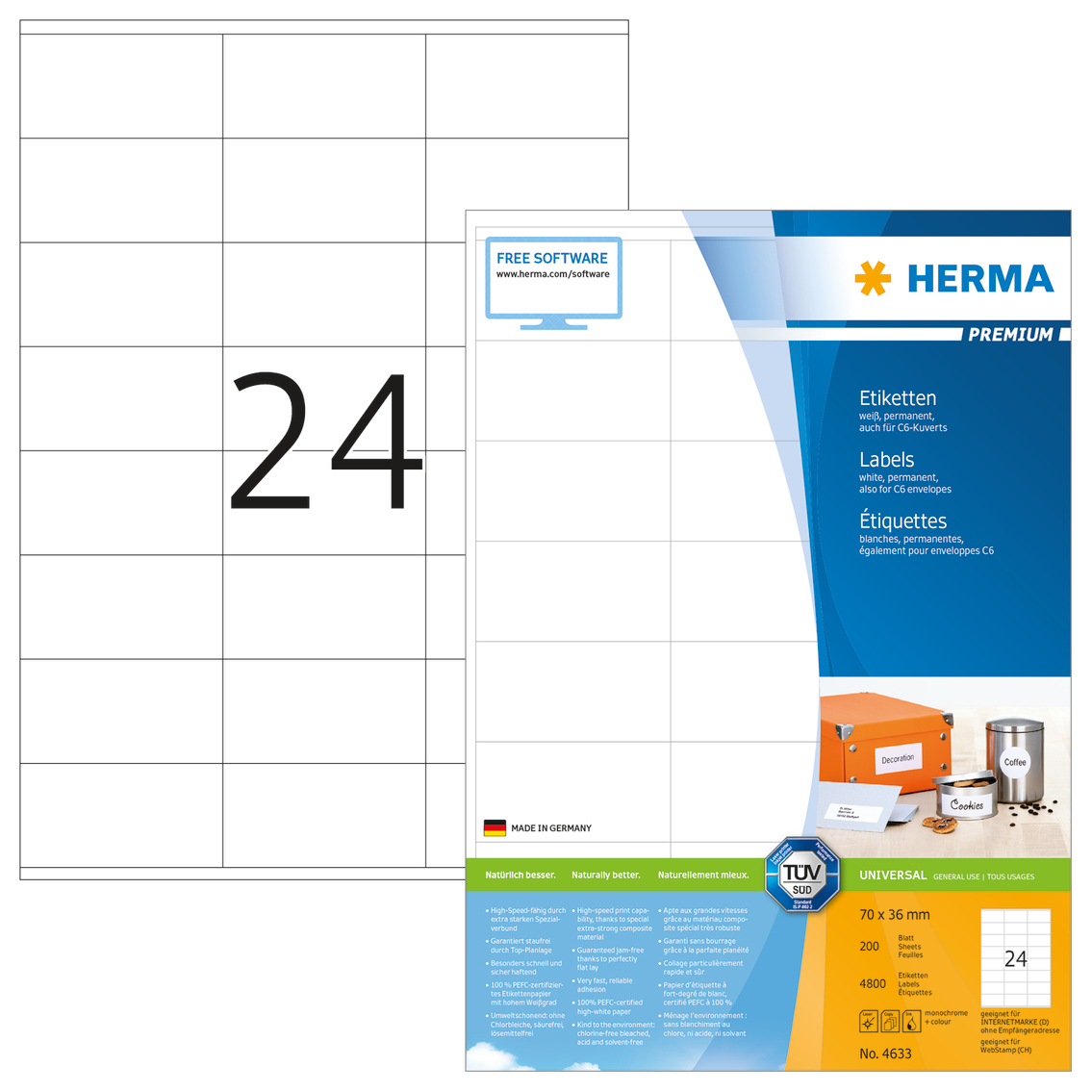 4.800 HERMA Etiketten 4633 weiss 70,0 x 36,0 mm