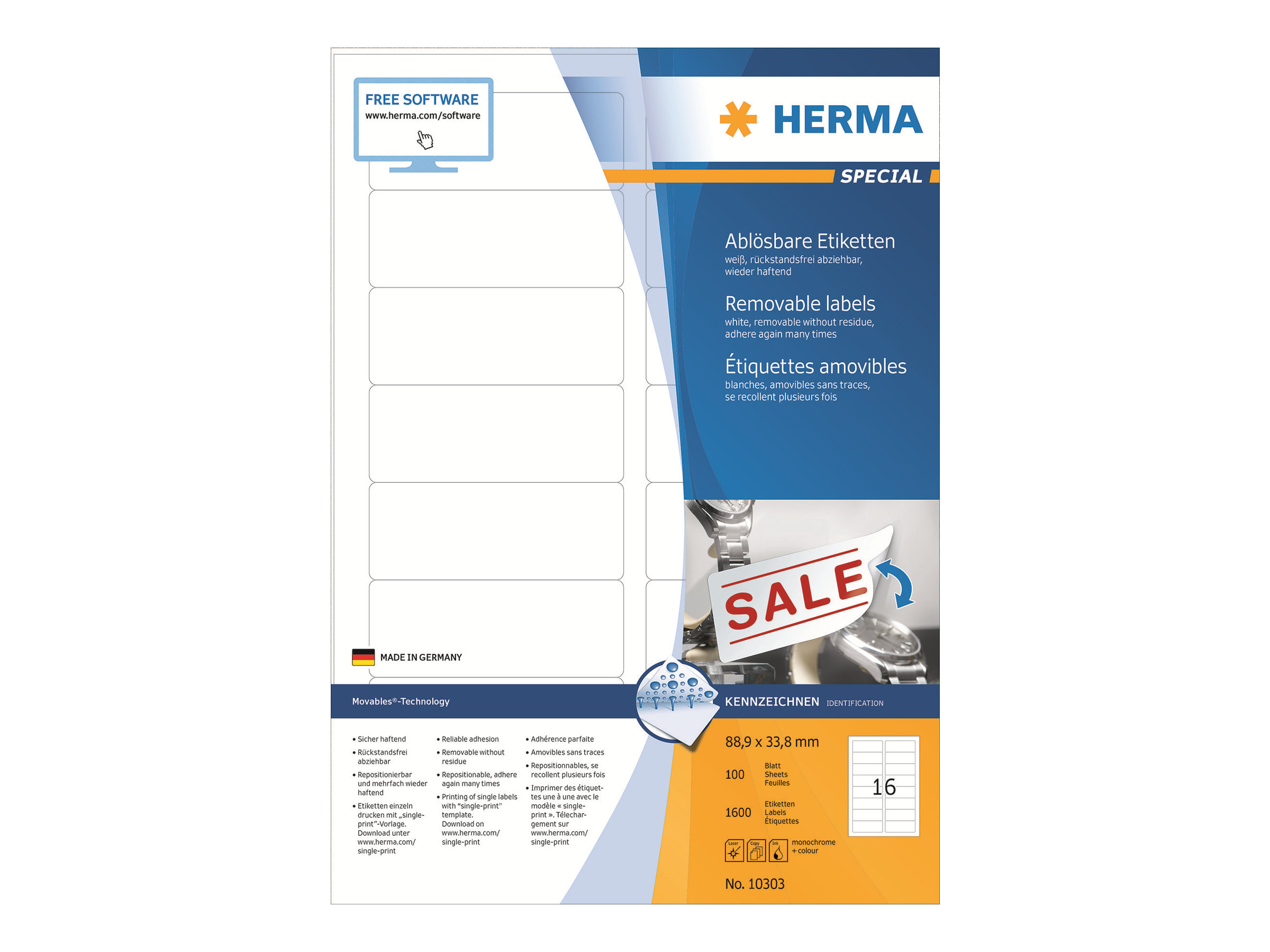 1.600 HERMA Etiketten 10303 weiÃ 88,9 x 33,8 mm