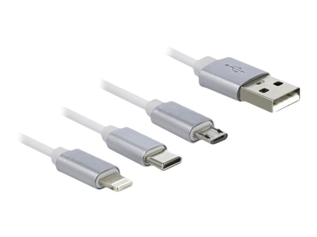 Delock USB 3 in 1 Aufrollladekabel fuer 8 Pin / Micro USB / USB Type-C weiss