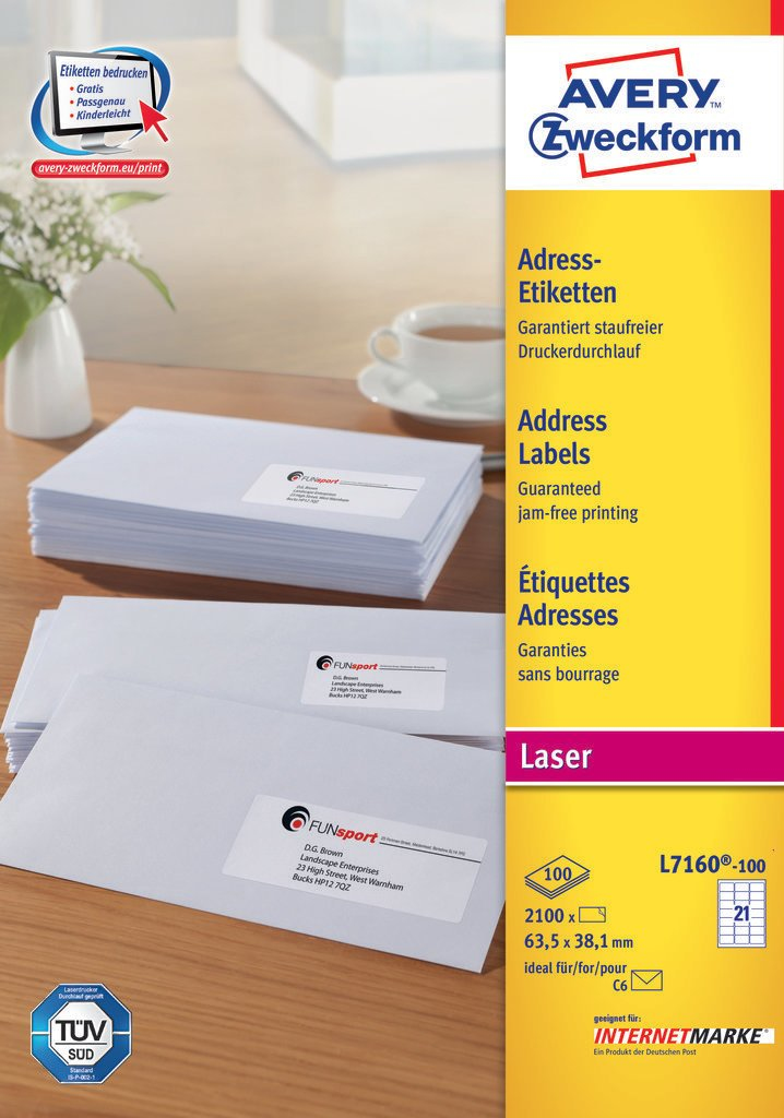 2.100 AVERY Zweckform Adressetiketten L7160-100 weiss 63,5 x 38,1 mm