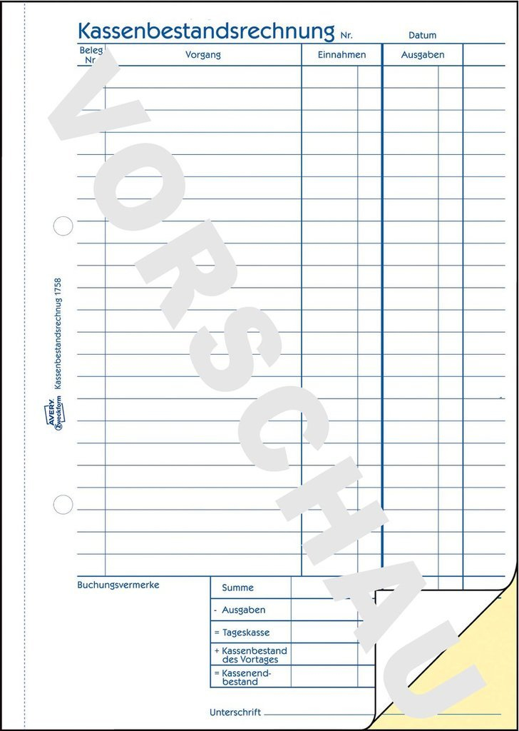 AVERY Zweckform Kassenbericht/Bestandsrechnung Formularbuch 1758