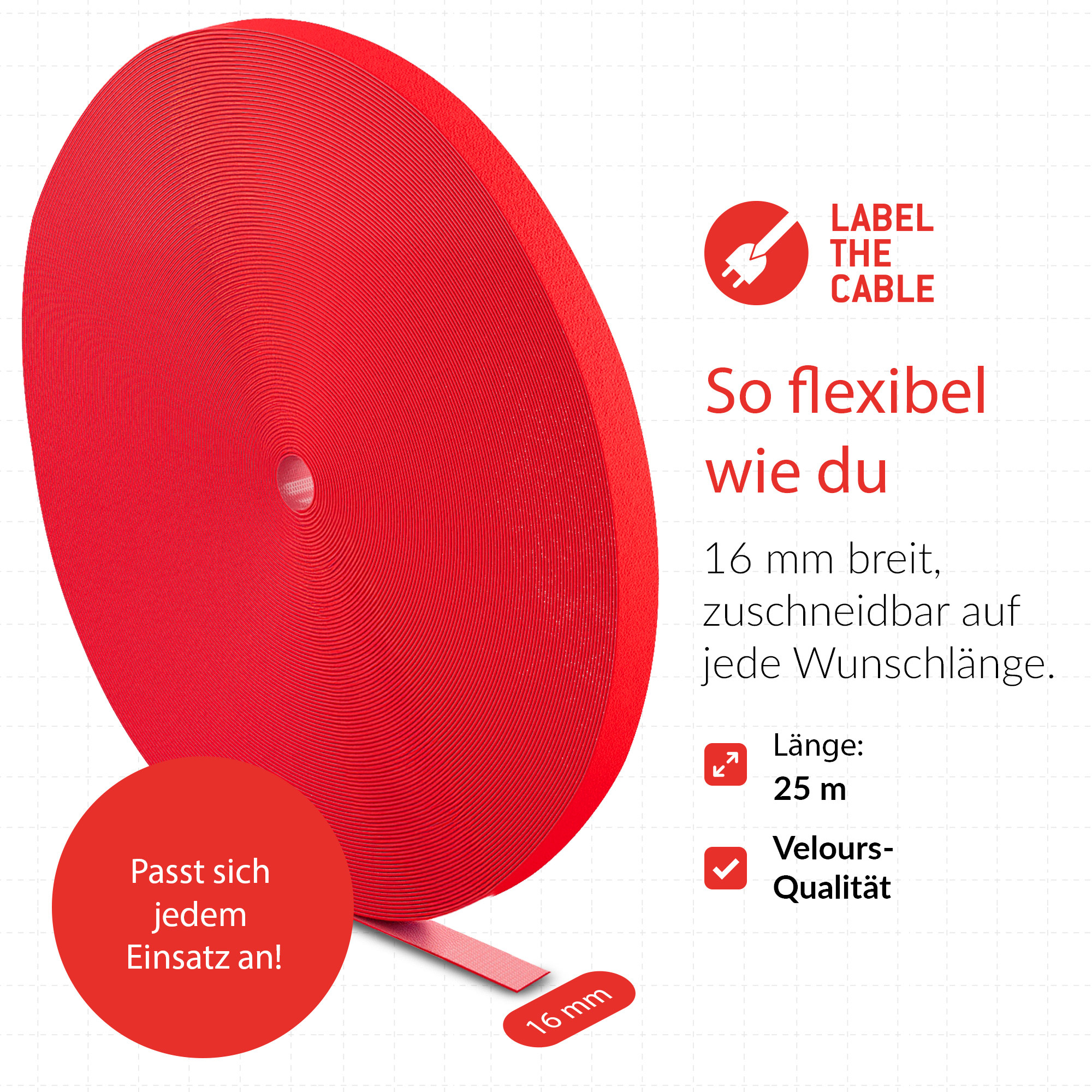 LABEL THE CABLE Klettband ROLL STRAP PRO rot 25,0 m x 1,6 cm, 1 St