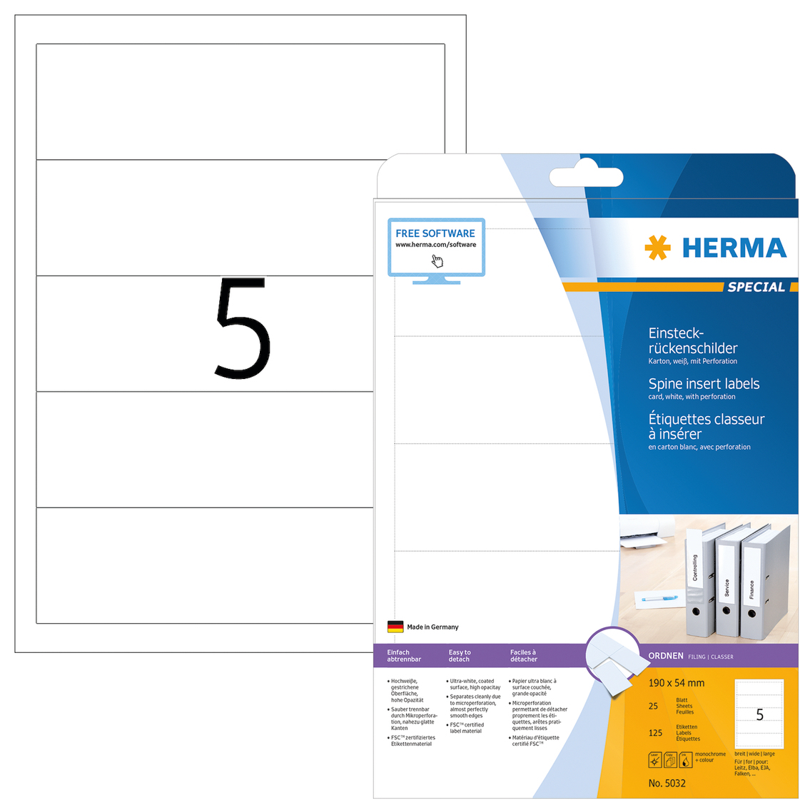 125 HERMA Einsteck-Rueckenschilder 5032 weiss fuer 7,0 - 8,0 cm Rueckenbreite