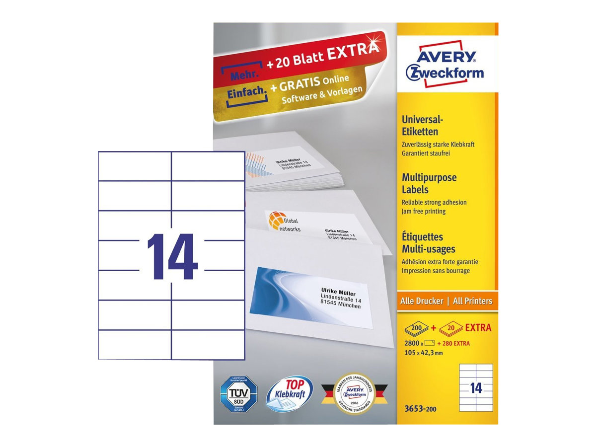 3.080 AVERY Zweckform Etiketten 3653-200 weiss 105,0 x 42,3 mm 3.080 AVERY Zweckform Etiketten 3653-200 weiss 105,0 x 42,3 mm