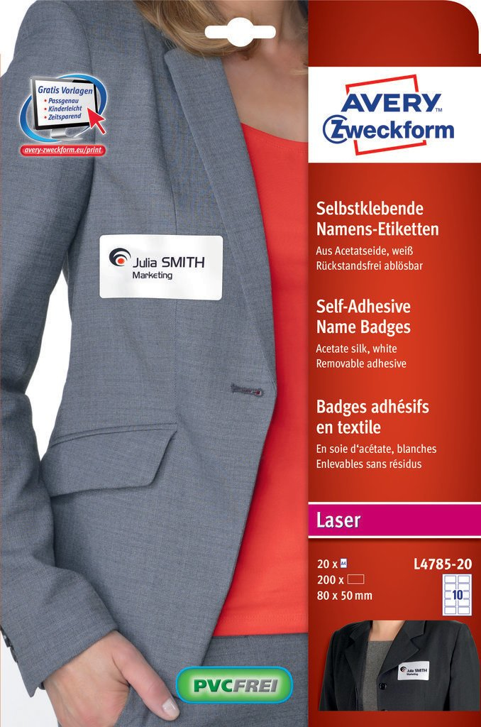 200 AVERY Zweckform Namensetiketten L4785-20 weiss 80,0 x 50,0 mm