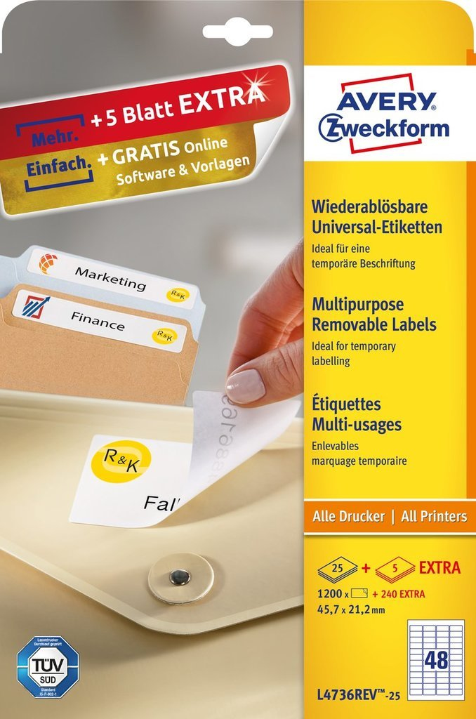 1.440 AVERY Zweckform Etiketten L4736REV-25 weiÃ 45,7 x 21,2 mm