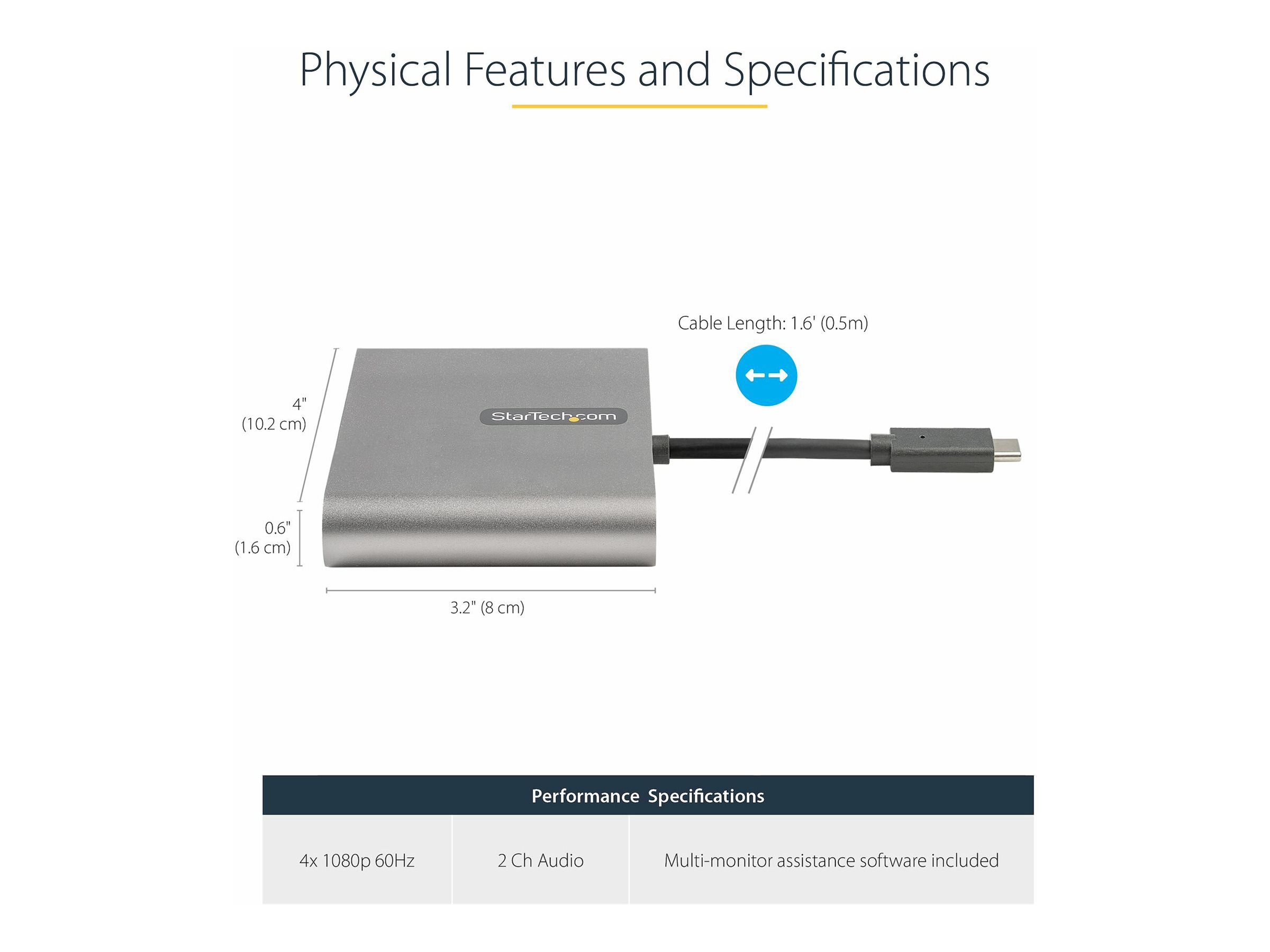 StarTech.com USB-C auf 4x HDMI Adapter - Externe Video- und Grafikkarte - USB Type-C auf Quad HDMI Display Adapter Dongle - 1080p 60Hz - Multi Monitor Splitter - Windows (USBC2HD4) - Adapterkabel - HDMI / USB - 50 cm