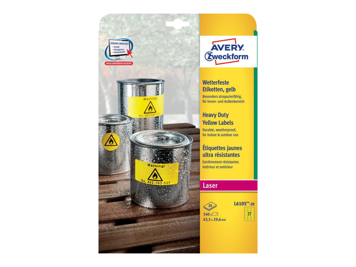 540 AVERY Zweckform wetterfeste Folienetiketten L6105-20 gelb 63,5 x 29,6 mm 540 AVERY Zweckform wetterfeste Folienetiketten L6105-20 gelb 63,5 x 29,6 mm