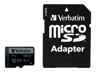 128GB Verbatim microSDXC-Card Pro U3, UHS-3, 4K UHD (R) 90MB/s, (W) 45MB/s, SD Adapter