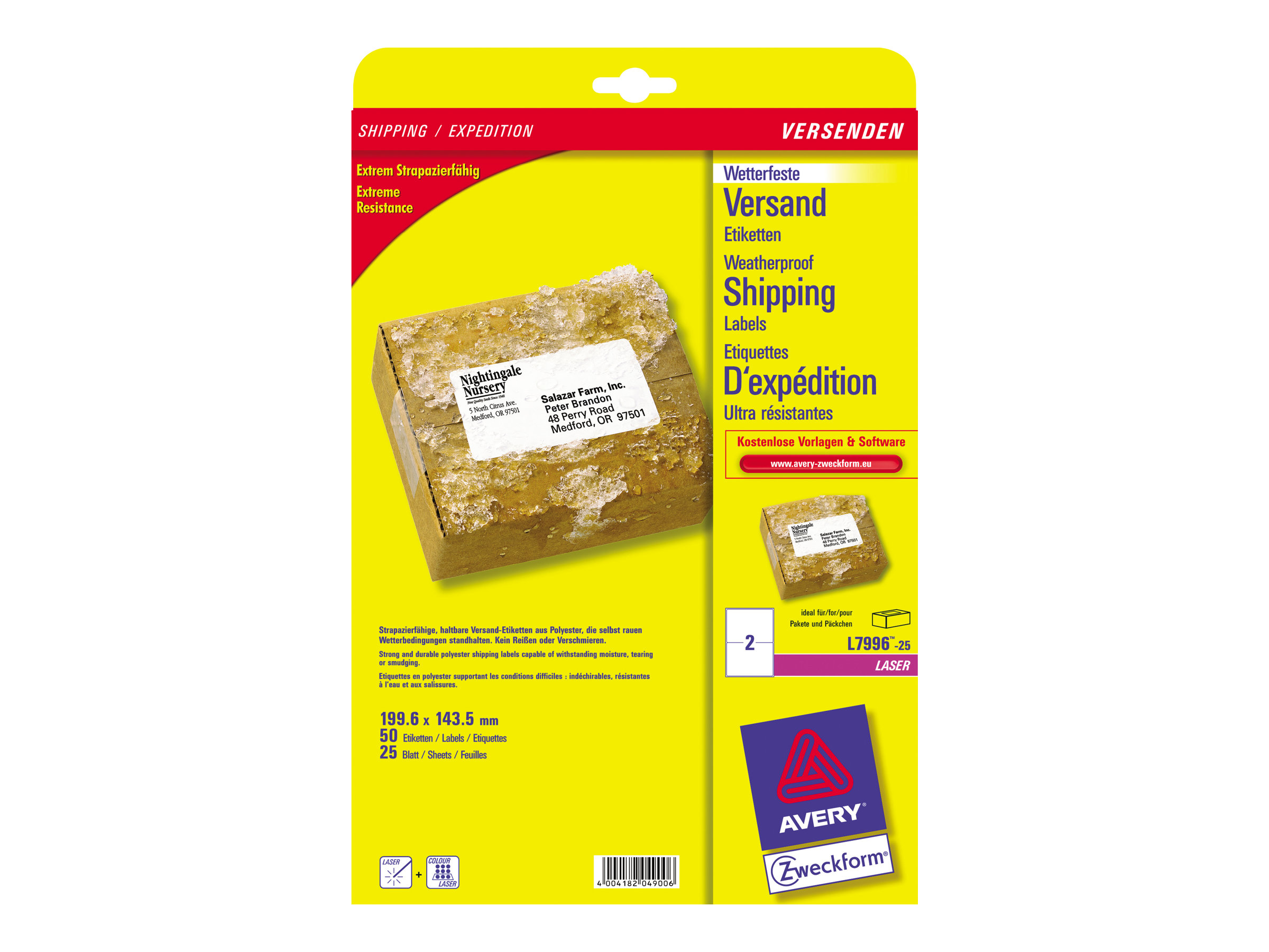 25 AVERY Zweckform Folien-Versandetiketten L7996-25 weiss 199,6 x 289,1 mm