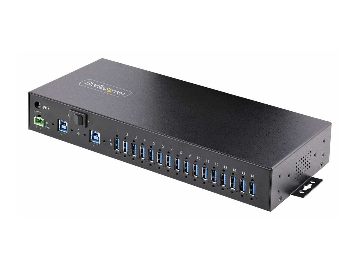 StarTech.com 16-Port Industrial USB 5Gbps Hub with Power Adapter, Metal Enclosure, Mountable, ESD Protection, Terminal Block Power, USB Charging, Dual-Host Switch - TAA - Hub - 16 Anschlüsse - an Rack montierbar - TAA-konform