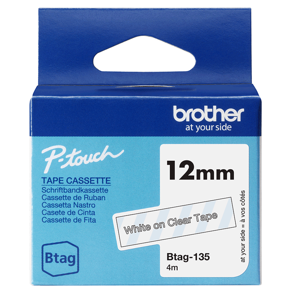 brother Schriftband Btag BTAG135, 12 mm, weiß auf transparent, 1 St
