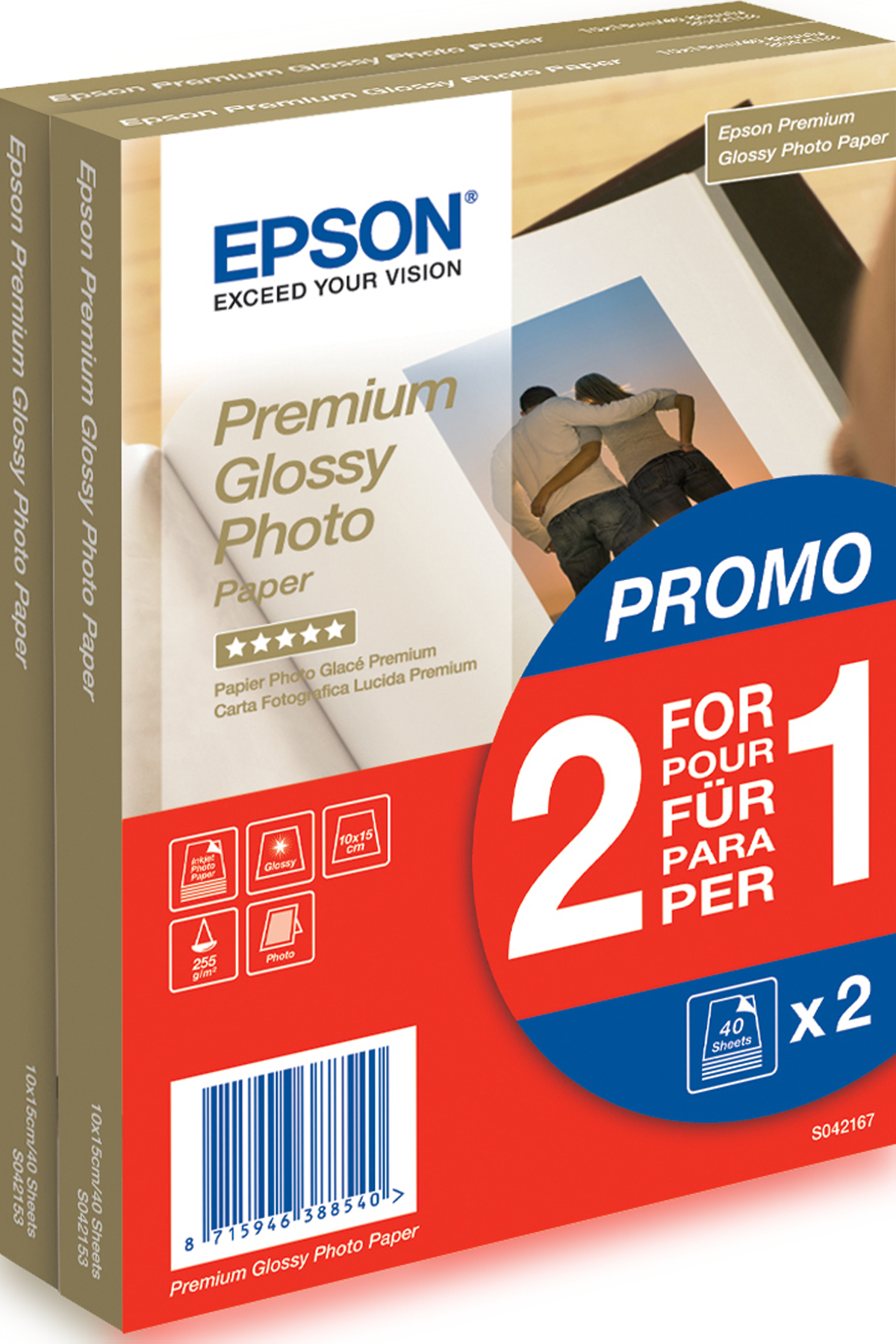 Epson Premium Glossy Photo Paper BOGOF - Glänzend - 100 x 150 mm - 255 g/m² - 40 Blatt Fotopapier (Packung mit 2)