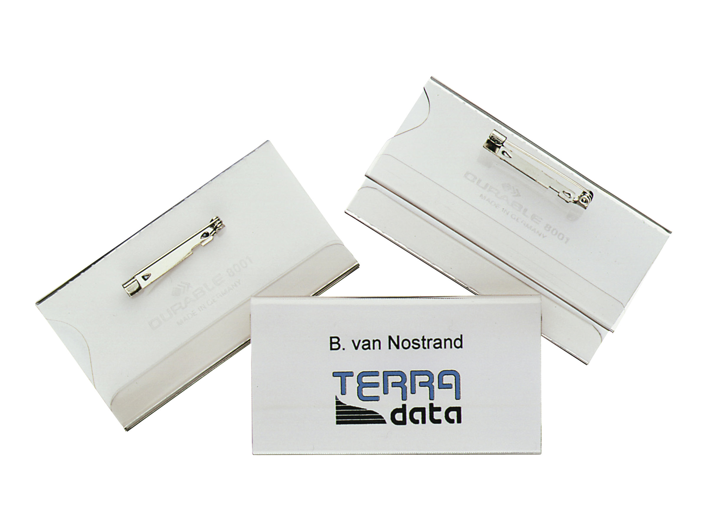 100 DURABLE Namensschilder mit Nadel 7,5 x 4,0 cm