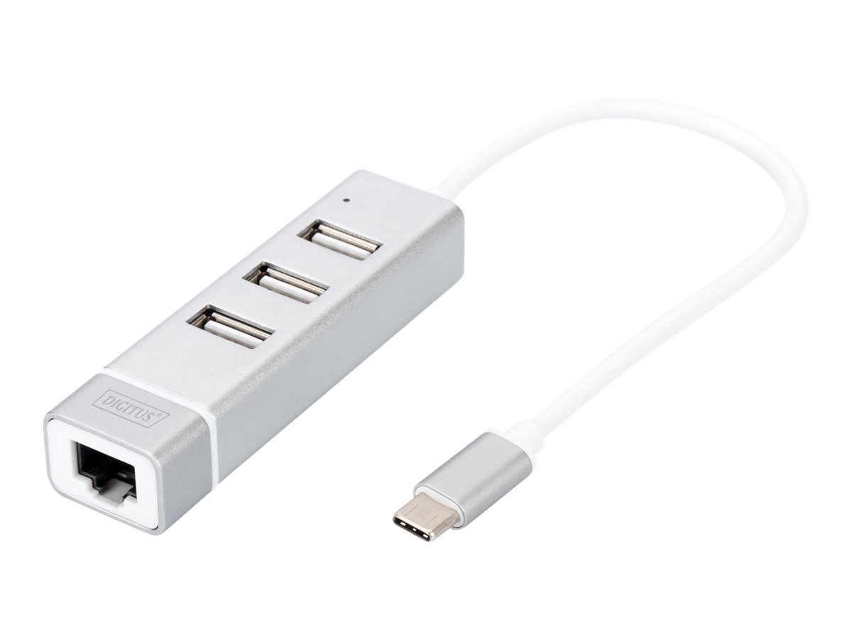 DIGITUS USB 2.0 3-Port Hub & Fast Eth. LAN-Adapter mit Typ C