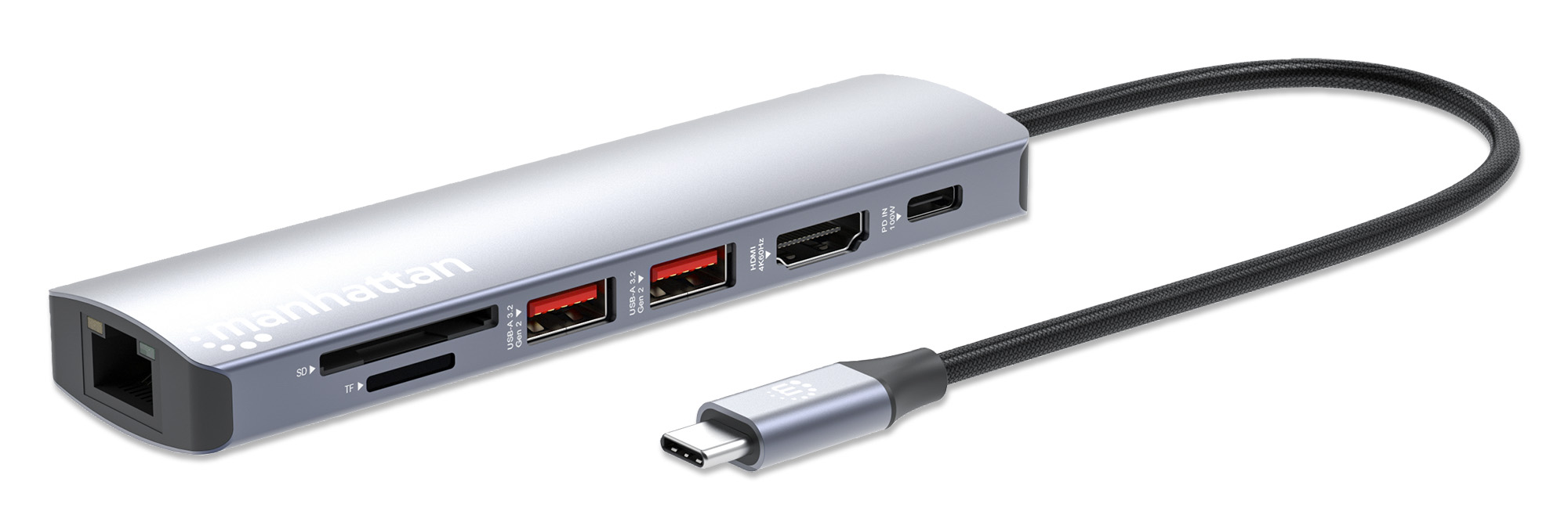 MANHATTAN USBC PD 7in1 Dockingstation USBC auf 1xHDMI 4K60Hz 2xUSBA 10 Gbits 1xUSBC PD 100 W 1xGbRJ45 SDMicroSDKartenleser