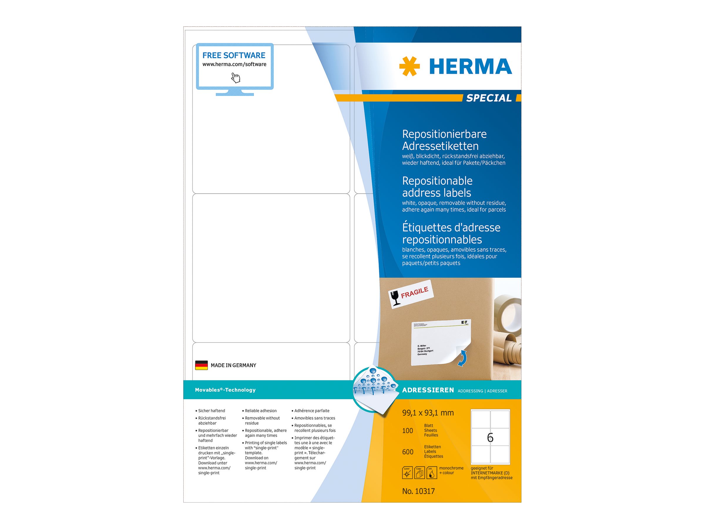 HERMA Adressetiketten 10317 weiss 99,1 x 93,1 mm, 100 Blatt