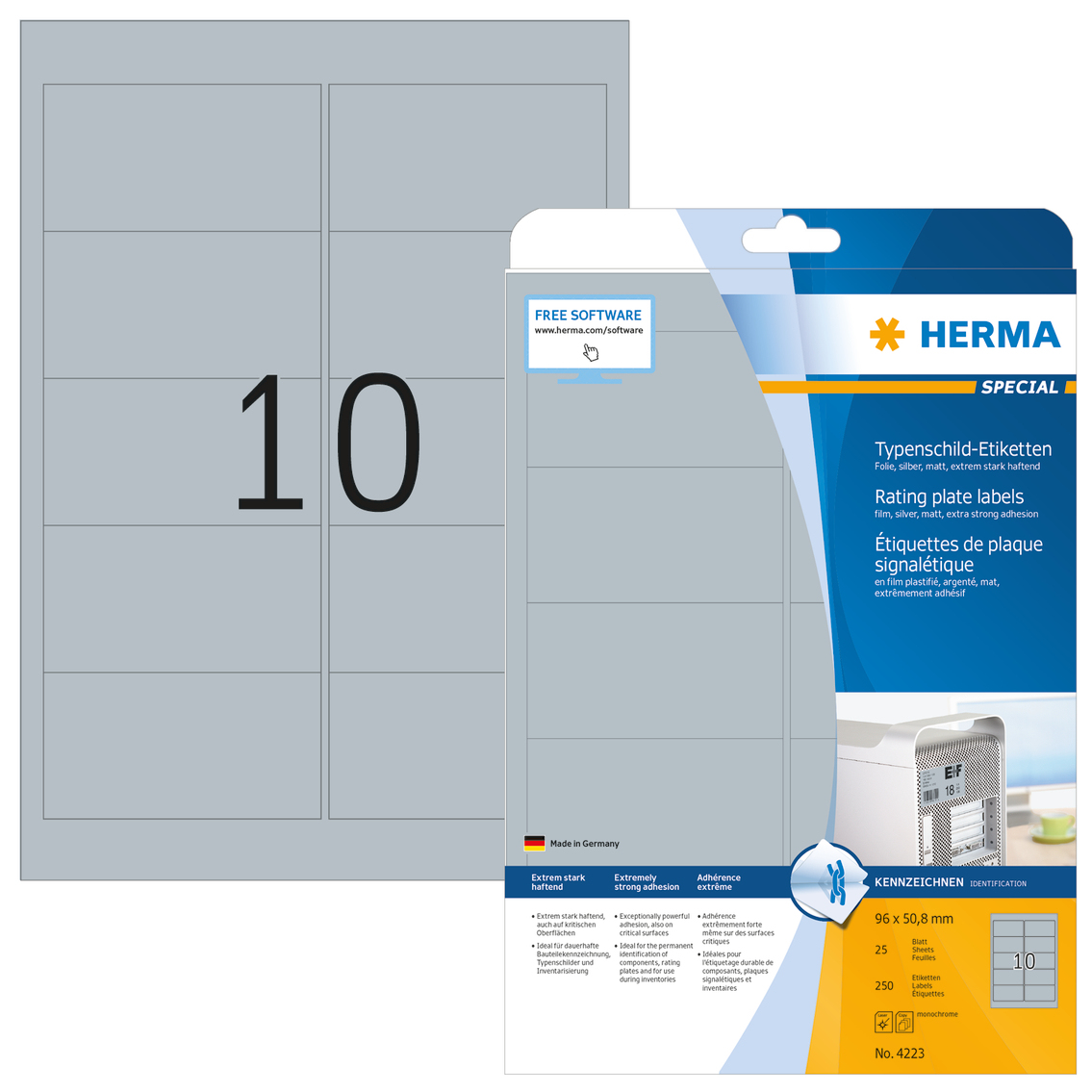 250 HERMA Typenschildetiketten 4223 silber 96,0 x 50,8 mm