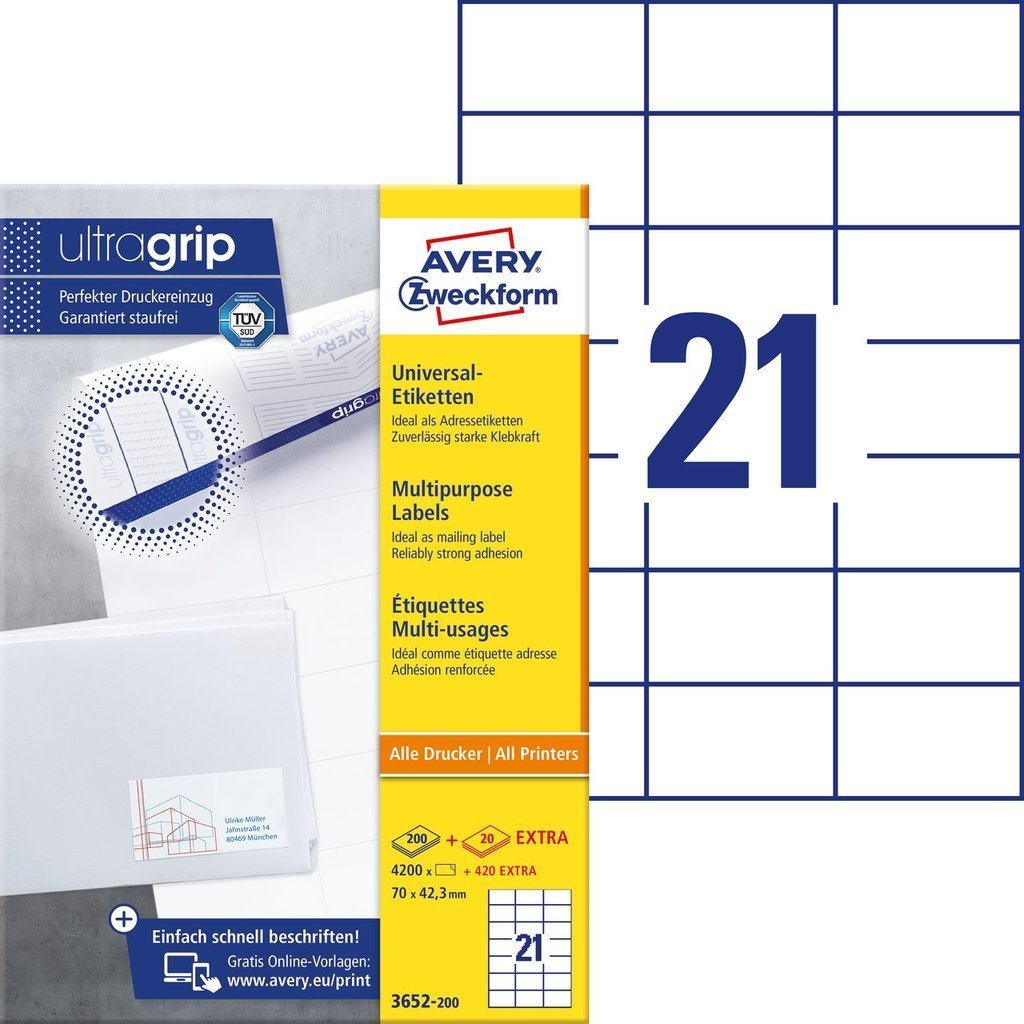 4.620 AVERY Zweckform Etiketten 3652-200 weiÃ 70,0 x 42,3 mm