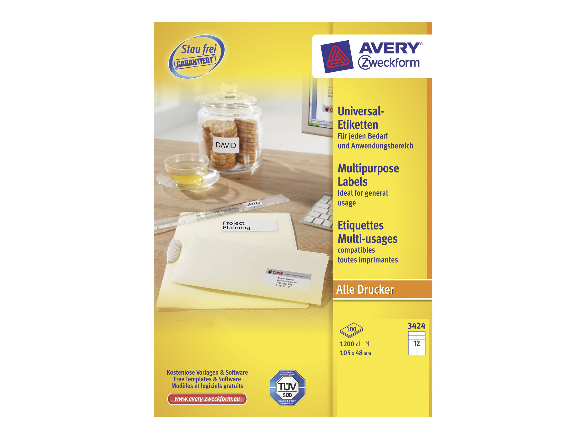 1.200 AVERY Zweckform Etiketten 3424 weiÃ 105,0 x 48,0 mm