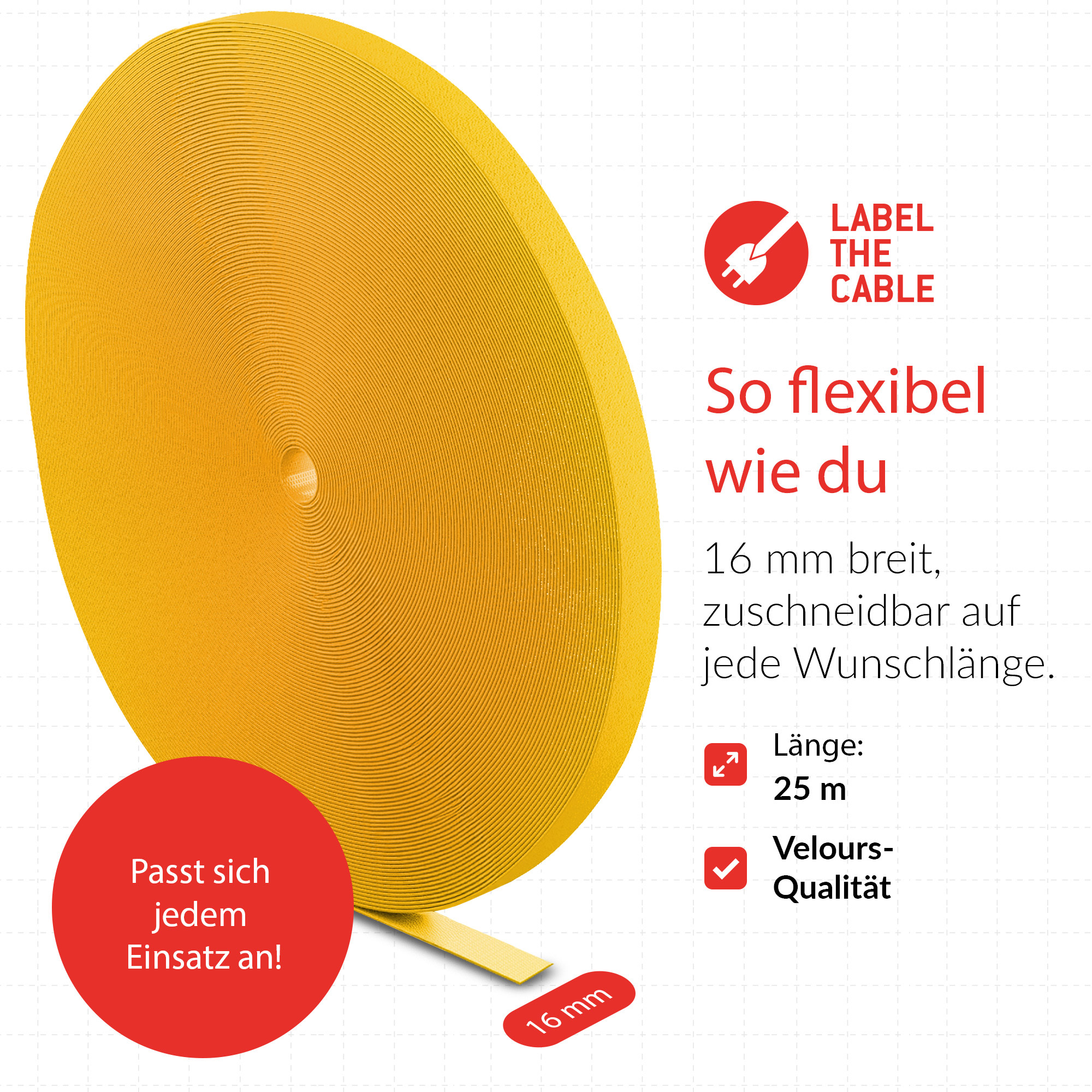 LABEL THE CABLE Klettband ROLL STRAP PRO gelb 25,0 m x 1,6 cm, 1 St