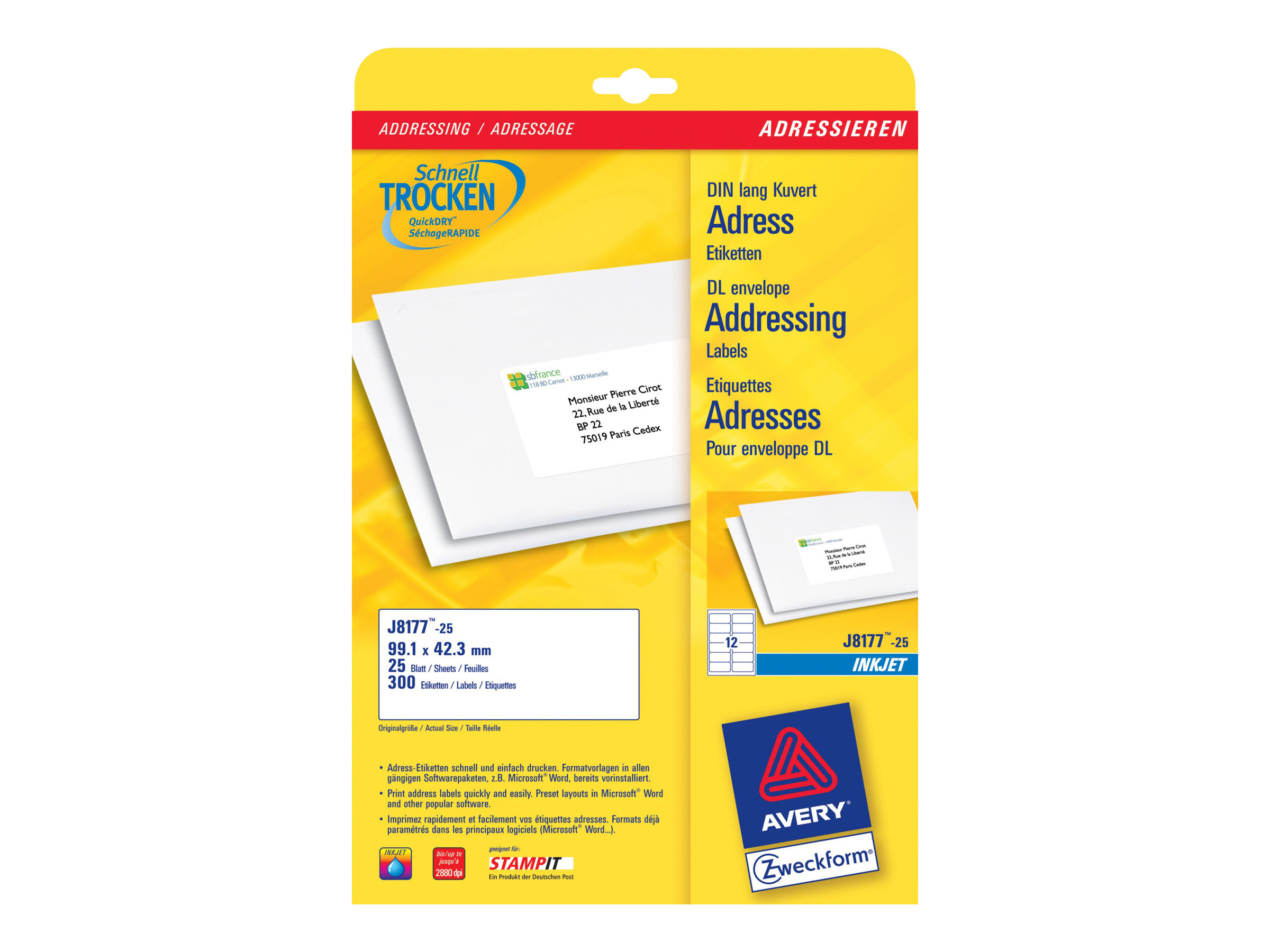300 AVERY Zweckform Adressetiketten J8177-25 weiss 99,1 x 42,3 mm 300 AVERY Zweckform Adressetiketten J8177-25 weiss 99,1 x 42,3 mm