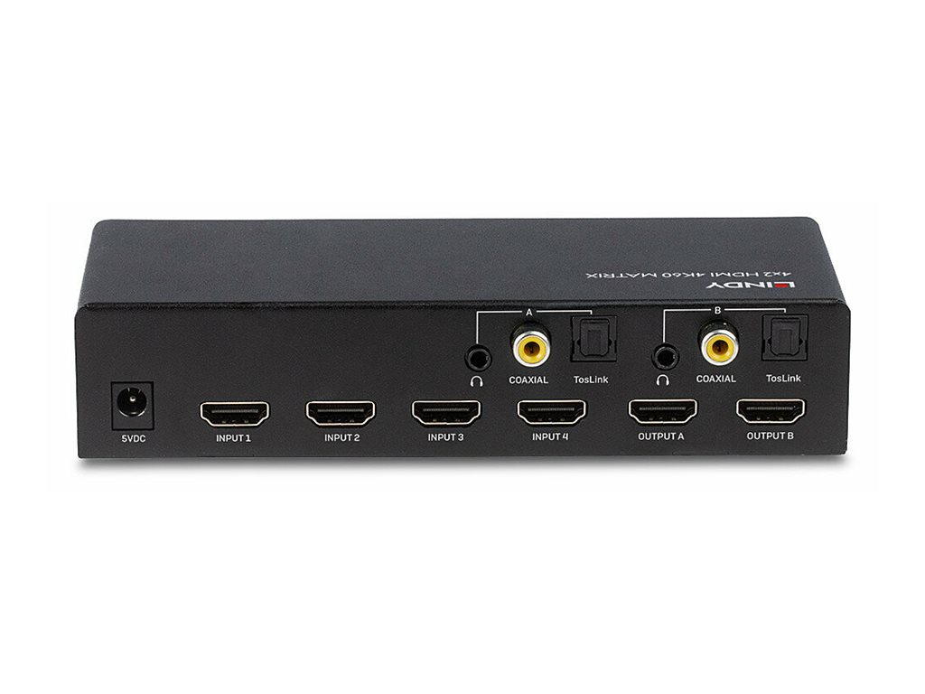 LINDY 4x2 HDMI 2.0 4K 18G Matrix Switch with Audio Extractor Optical Out or 3.5mm Jack 4K 3840x2160at60Hz 4:4:4 8bit